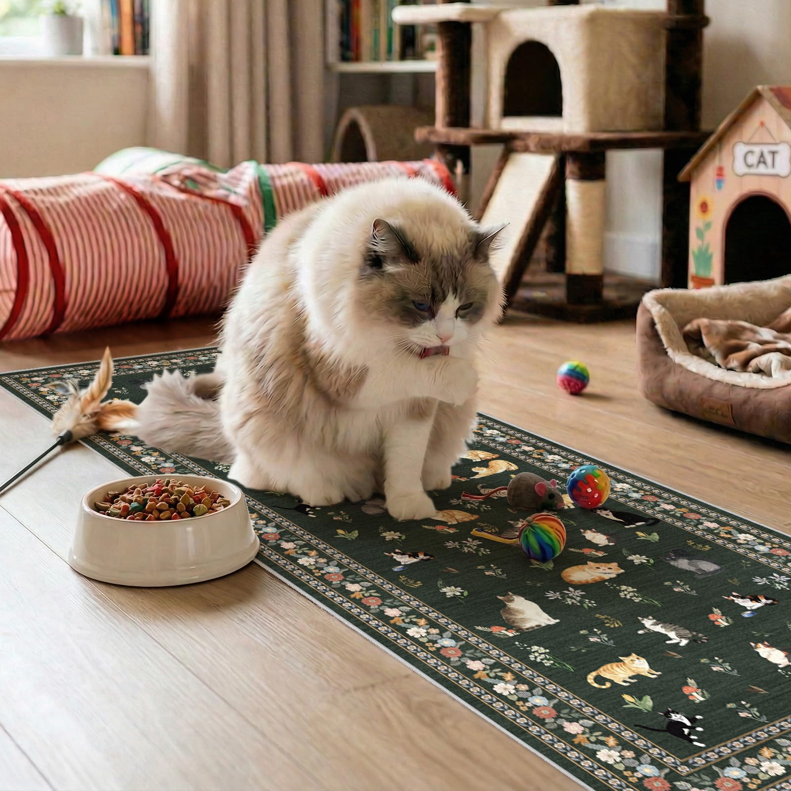 2x5 Washable Kitchen Runner Rug - Soft Low Pile Floral Animal Cat Print Rugs with Non-Slip Backing Waterproof Stain-Resistant Indoor Carpet for Hallway Entryway Bathroom Bedroom (Black)