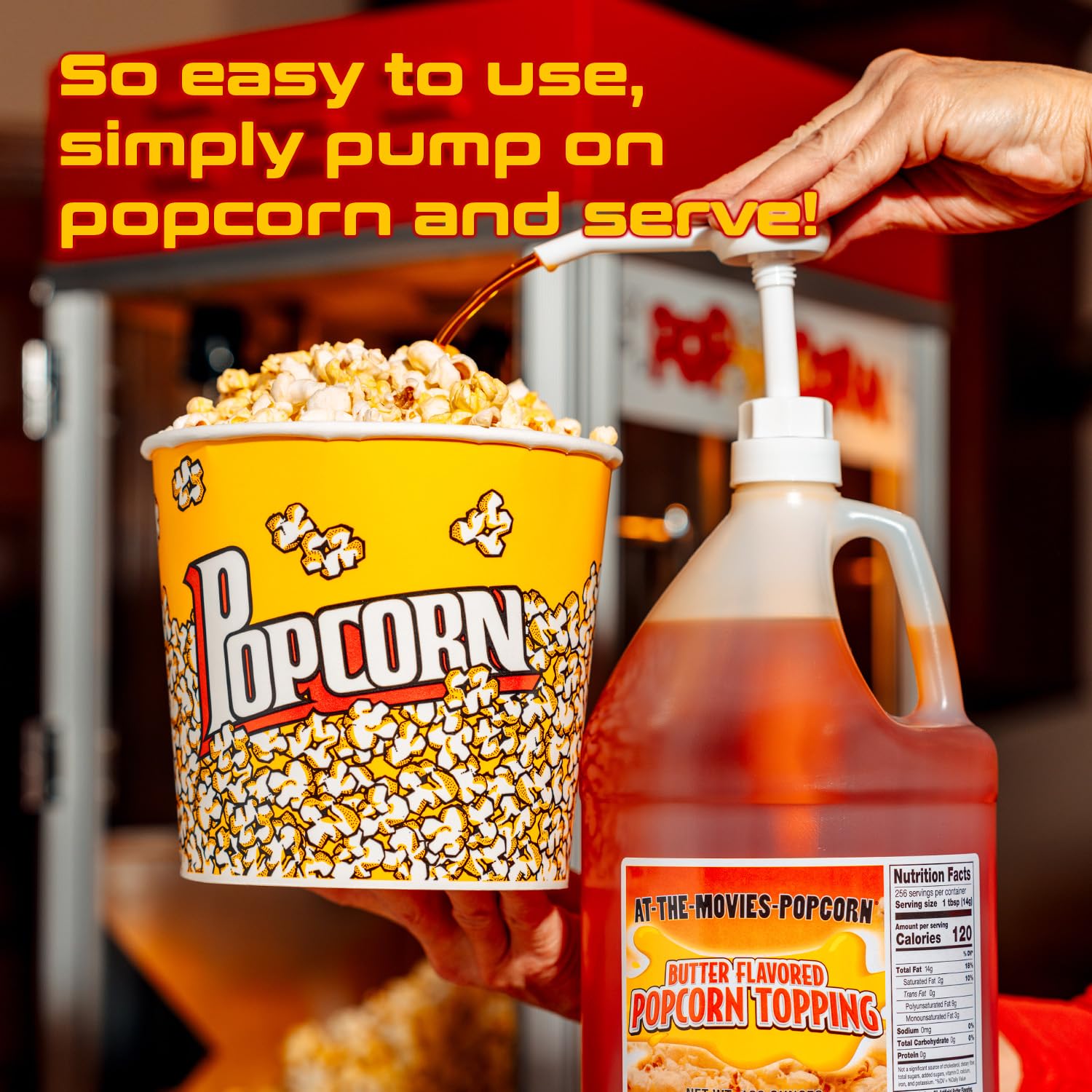 At-The-Movies-Popcorn® Buttery Flavor Popcorn Topping (1 Gallon Includes 1oz Displacemnt Plastic Pump) – Movie Theater Butter Popcorn Oil, Vegan, Gluten Free, Non GMO, Zero Trans Fat, Rich Buttery Taste for Home and Commercial Popcorn Machines