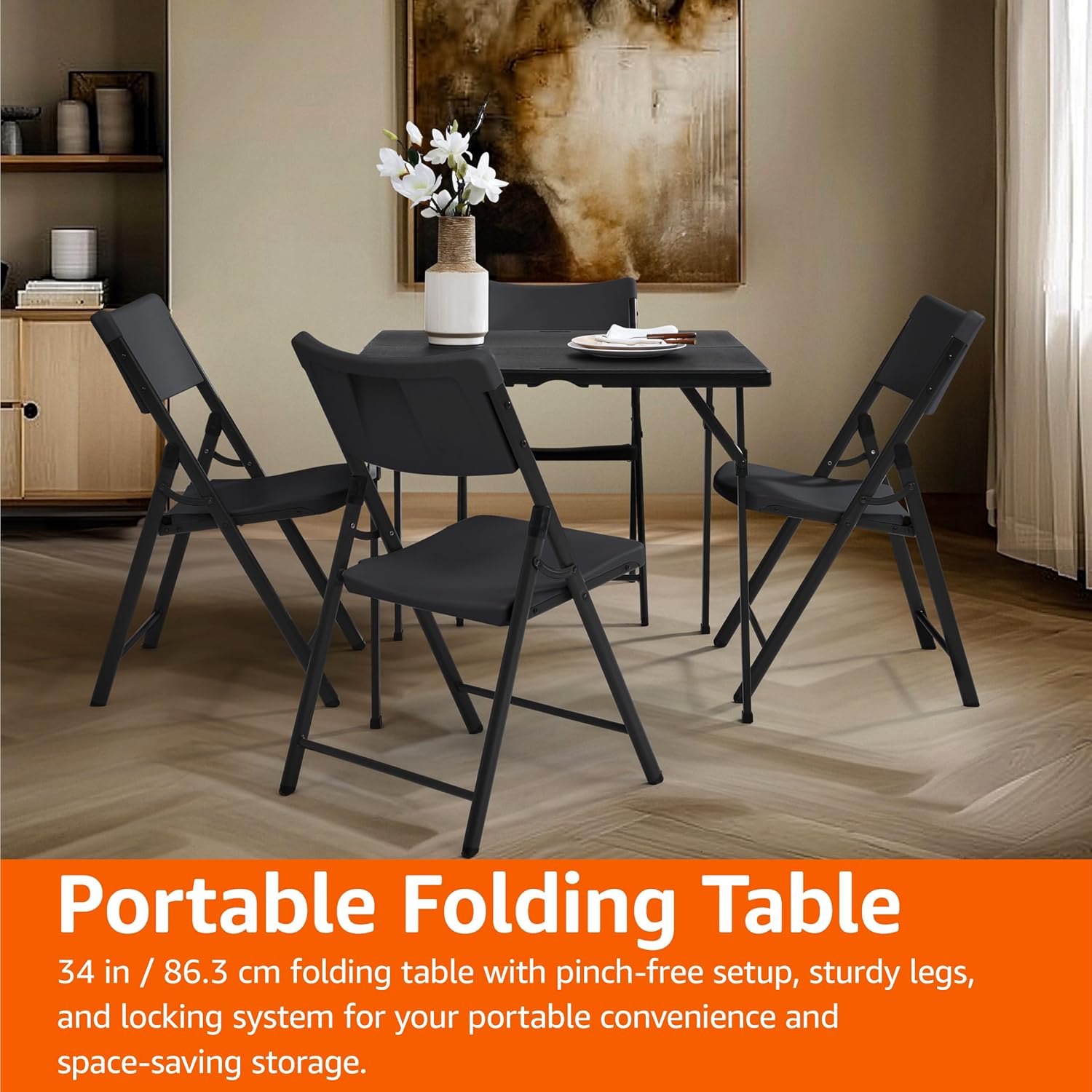 Amazon Basics 34 inch Portable Sturdy Folding Dining Table with Carrying Handle, Space Saving Storage, Square, 33.9 x 29.1 x 33.9 inch, Black | Folding