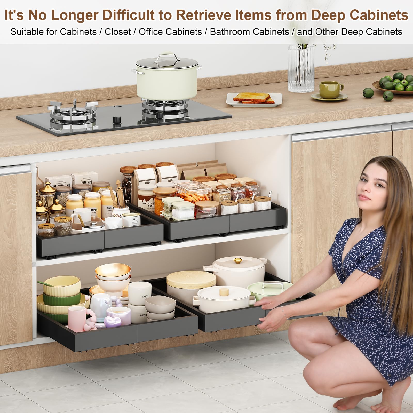 Pull out Cabinet Organizer,Width (11"-16") and Depth (17"-24") Expandable With 3 Rails,No Drill Adjustable Slide out Drawers for Kitchen,Pantry,Adhesive Roll out Shelves,for Cabinets without Lip,Black