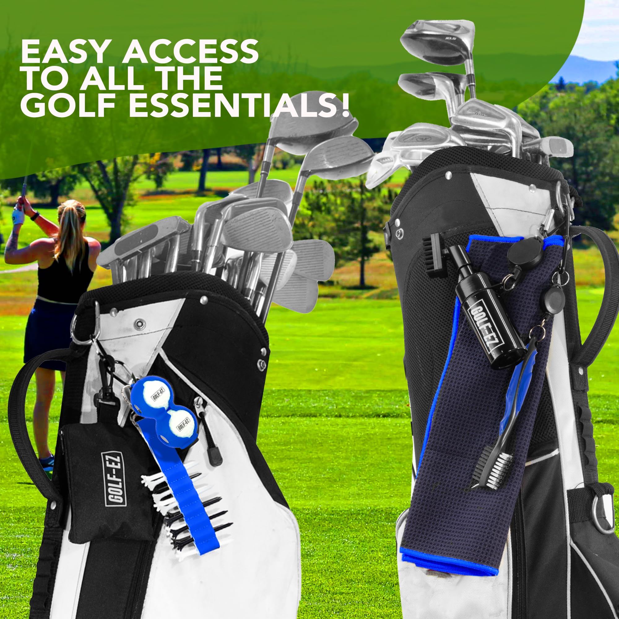 Golf Essentials Kit | Must-Have Accessories – Water Brush, Towel, Club Brush, Ball Marker, Divot Repair Tool, Ball & Tee Holder, Golf Gifts for Men & Women