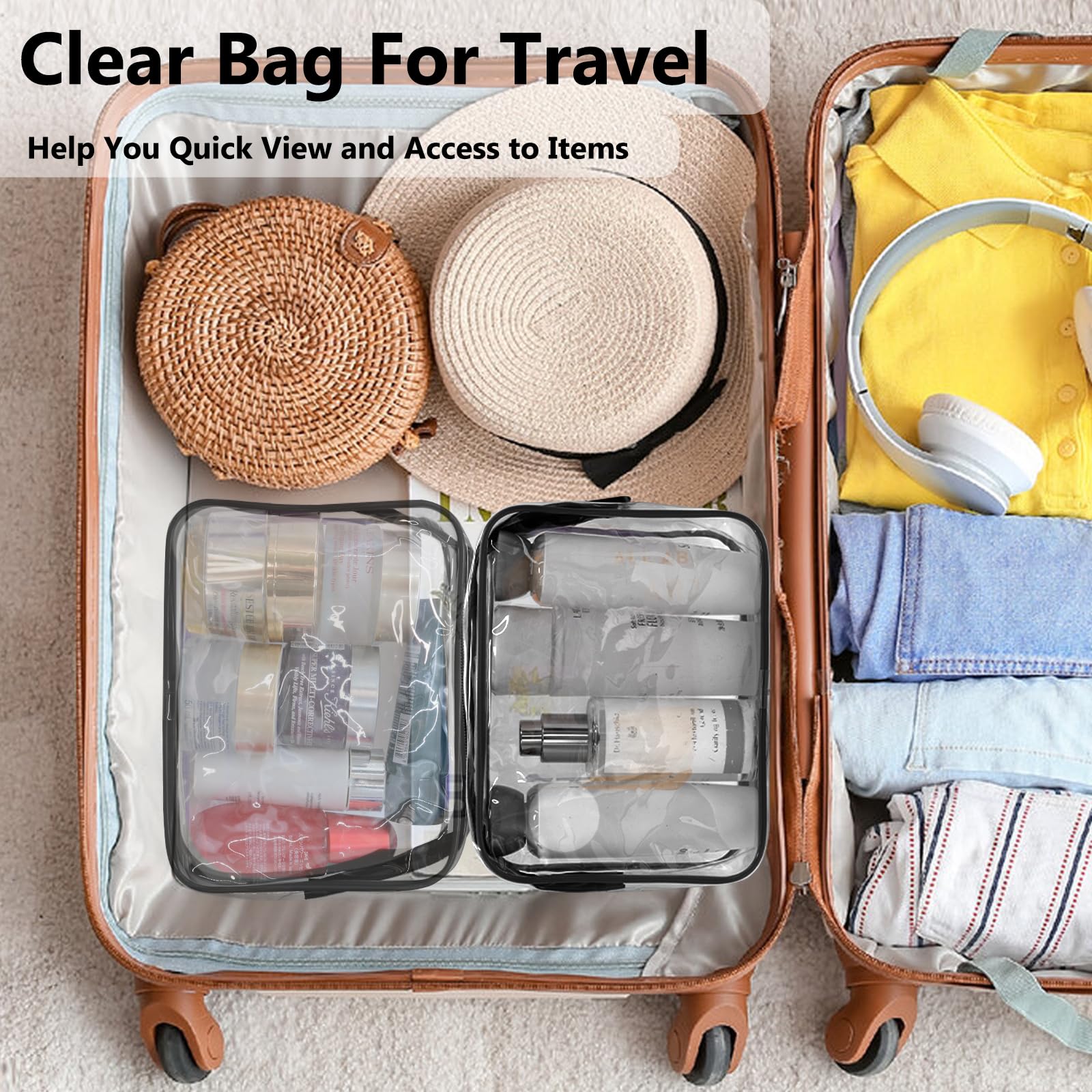 Lermende 2pcs Clear Toiletry Bag TSA Approved Travel Bag,Carry On for Travel,Airport Airline Accessories Compliant Bag,Quart Sized Makeup Cosmetic bag Women Men (Black, 2 Pack)