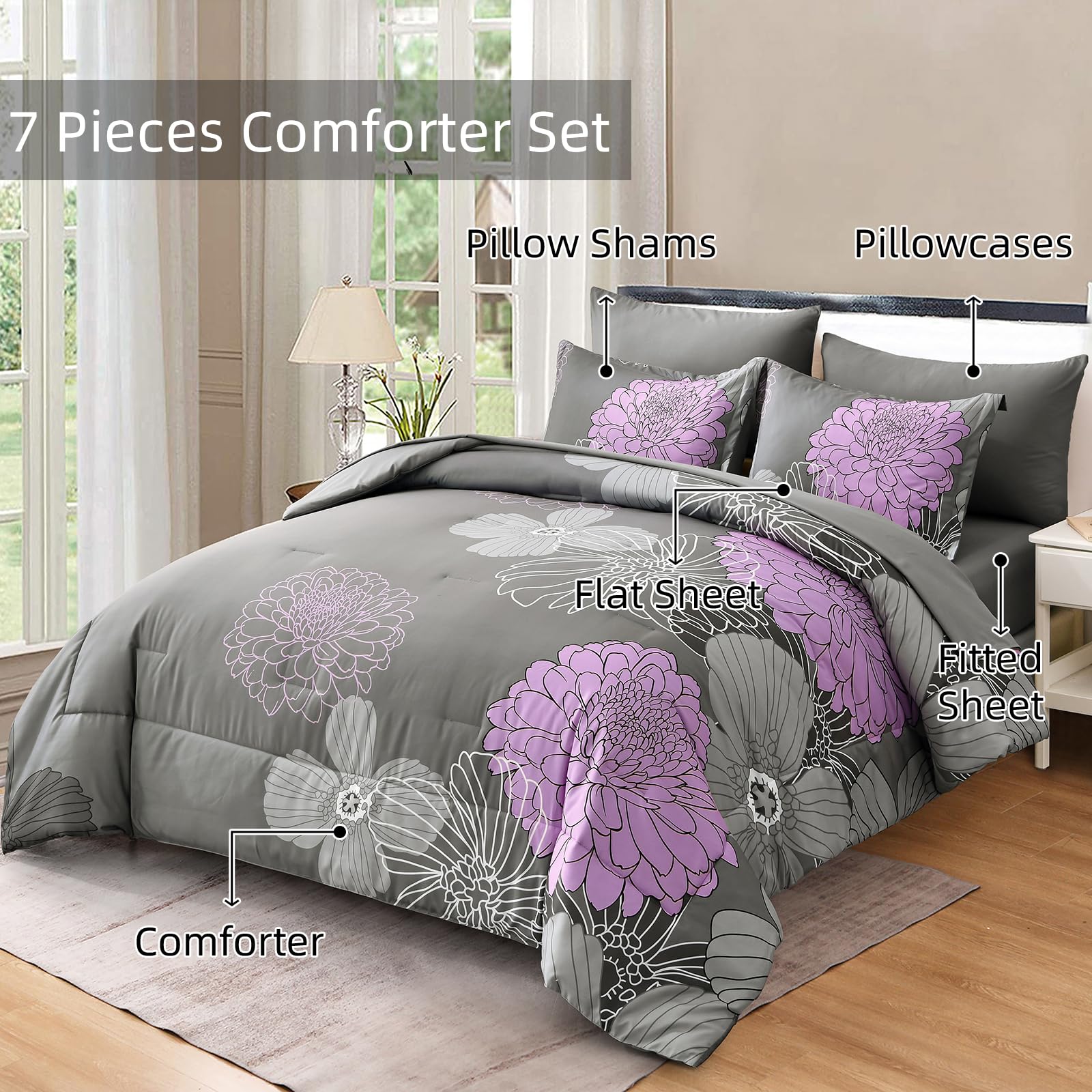 Yiran 7 Pieces Bed in a Bag Blue Floral Comforter Set Queen Size Flowers Comforter Set Soft Microfiber Bedding Set (1 Comforter 1 Flat Sheet 1 Fitted Sheet 2 Pillowshams 2 Pillowcases)