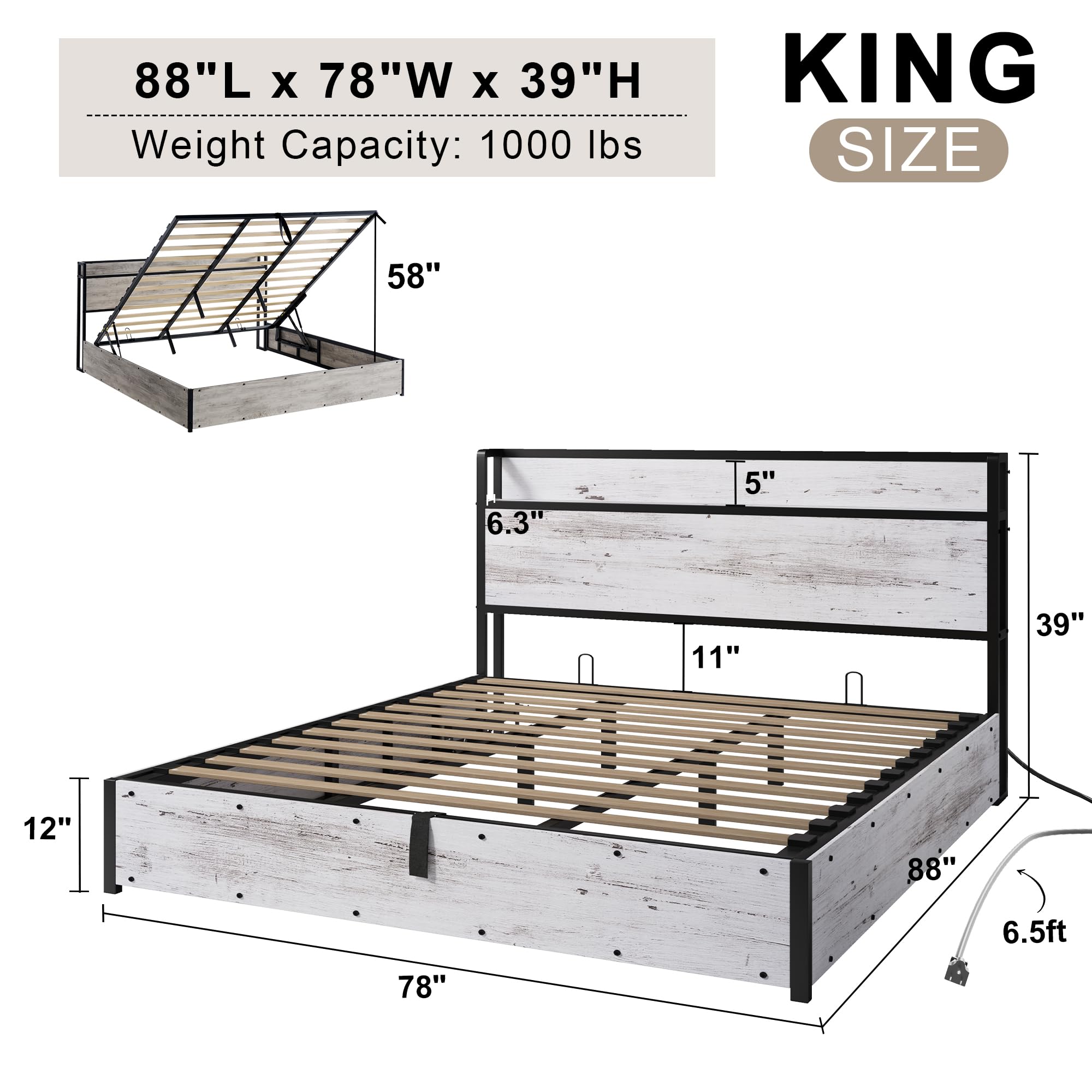 LUXOAK Full Size Lift Up Storage Bed, Wood Platform Bed Frame with Storage Headboard & Charging Station, No Box Spring Needed, Easy Assembly, Black
