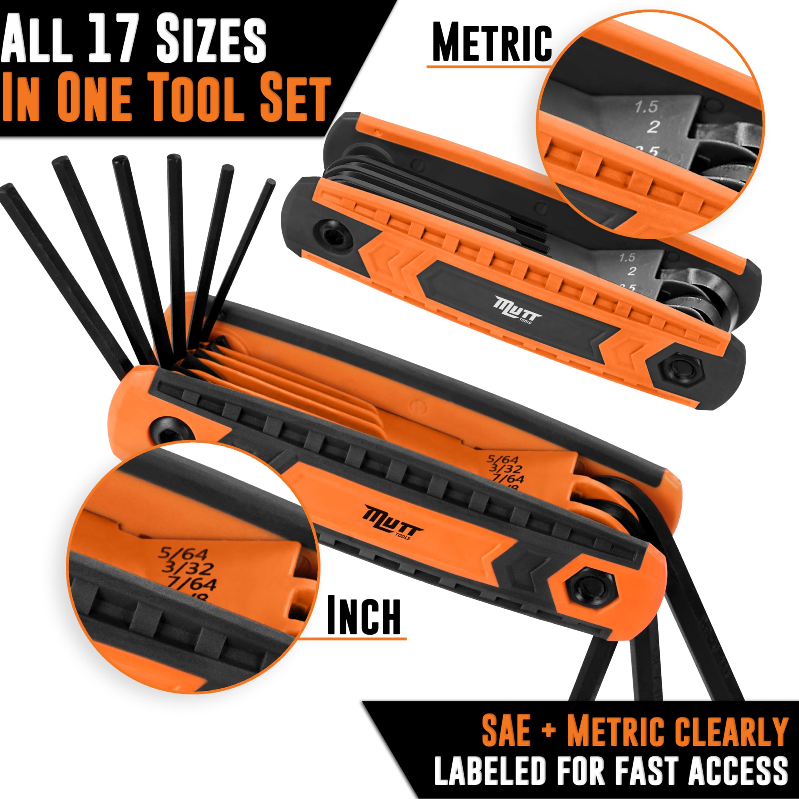 Mutt Tools 17pc Folding Allen Key Set - SAE & Metric Hex Wrench Set with Color-Coding - Compact Allen Wrench Tool for Bikes, DIY, Archery - Keys with Size Markings