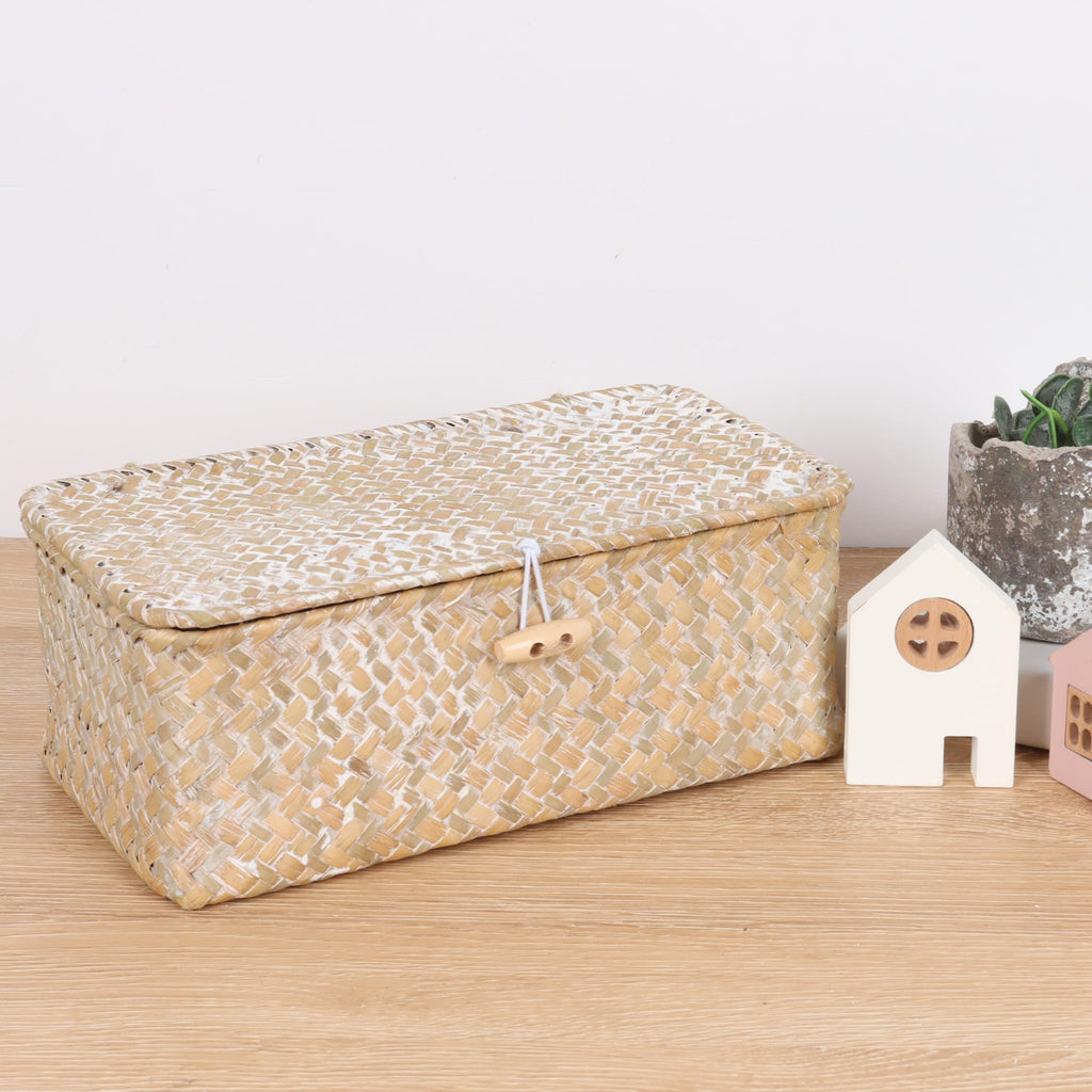 FEIALNDUO Wicker Shelf Baskets with Lid,Seagrass Storage Basket Bins Rectangular Handwoven Basket Boxes for Shelves Desktop Home Organizer (Coffee, X-Small)