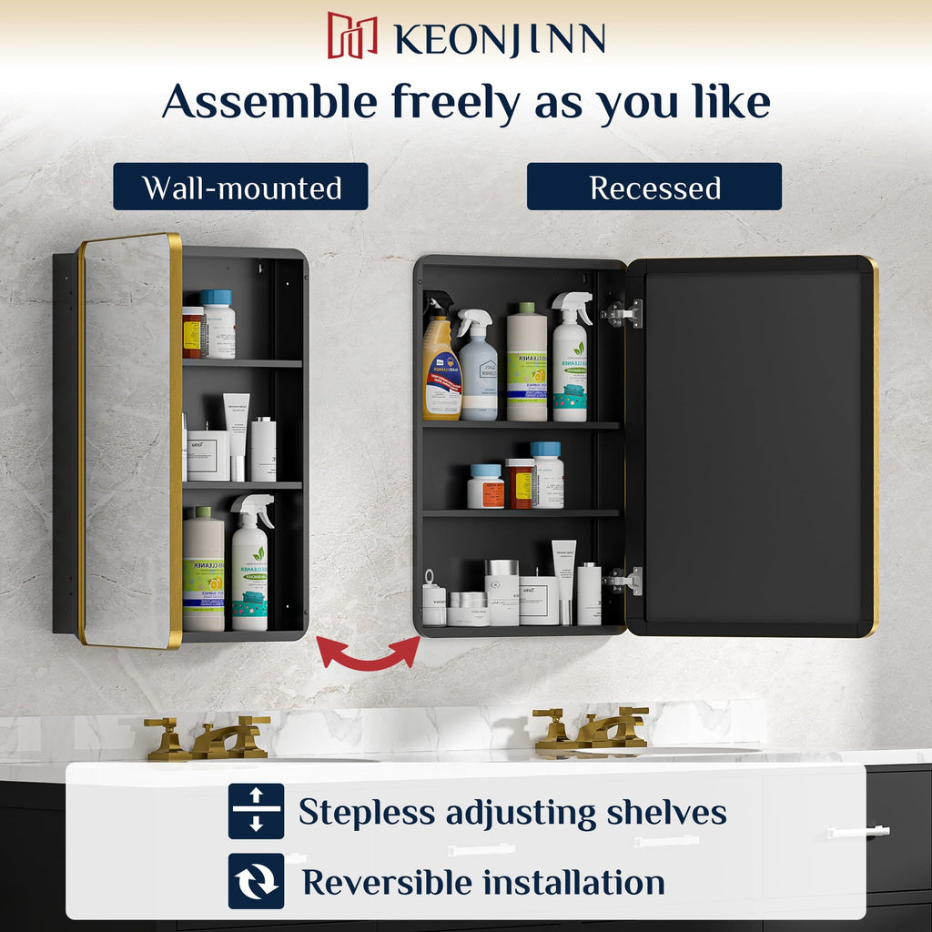 Keonjinn 15 x 36 Inch Black Slim Medicine Cabinets, Narrow Bathroom Side Medicine Cabinet with Mirror, Stainless Steel Framed, Adjustable Shelves, Recessed or Wall Mount, Modern Farmhouse