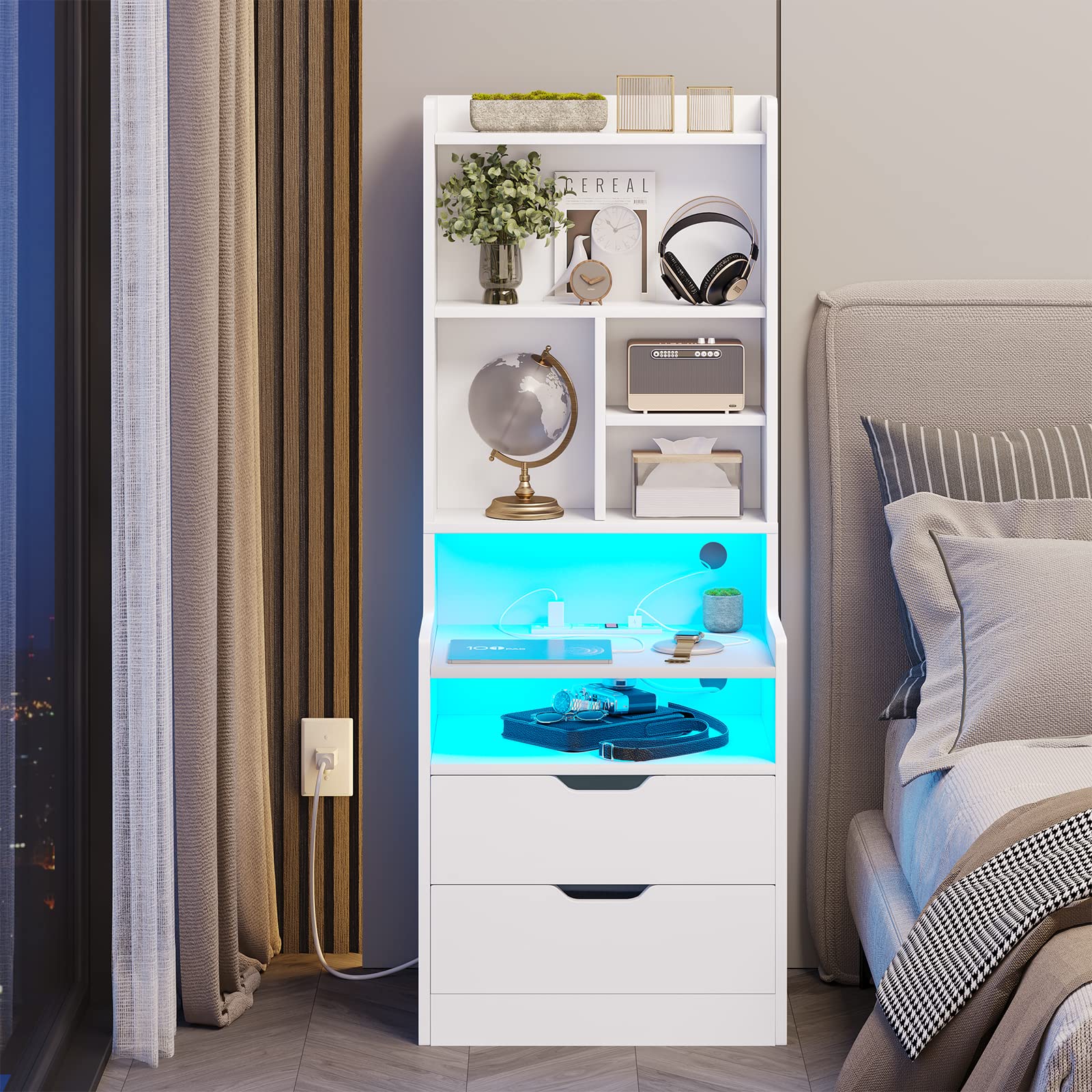 BTHFST Tall Nightstand with LED Lights and Charging Station, LED Black Nightstand with Shelves and 2 Drawers, Bedside Table with Bookshelf, Tall Side End Table with Storage