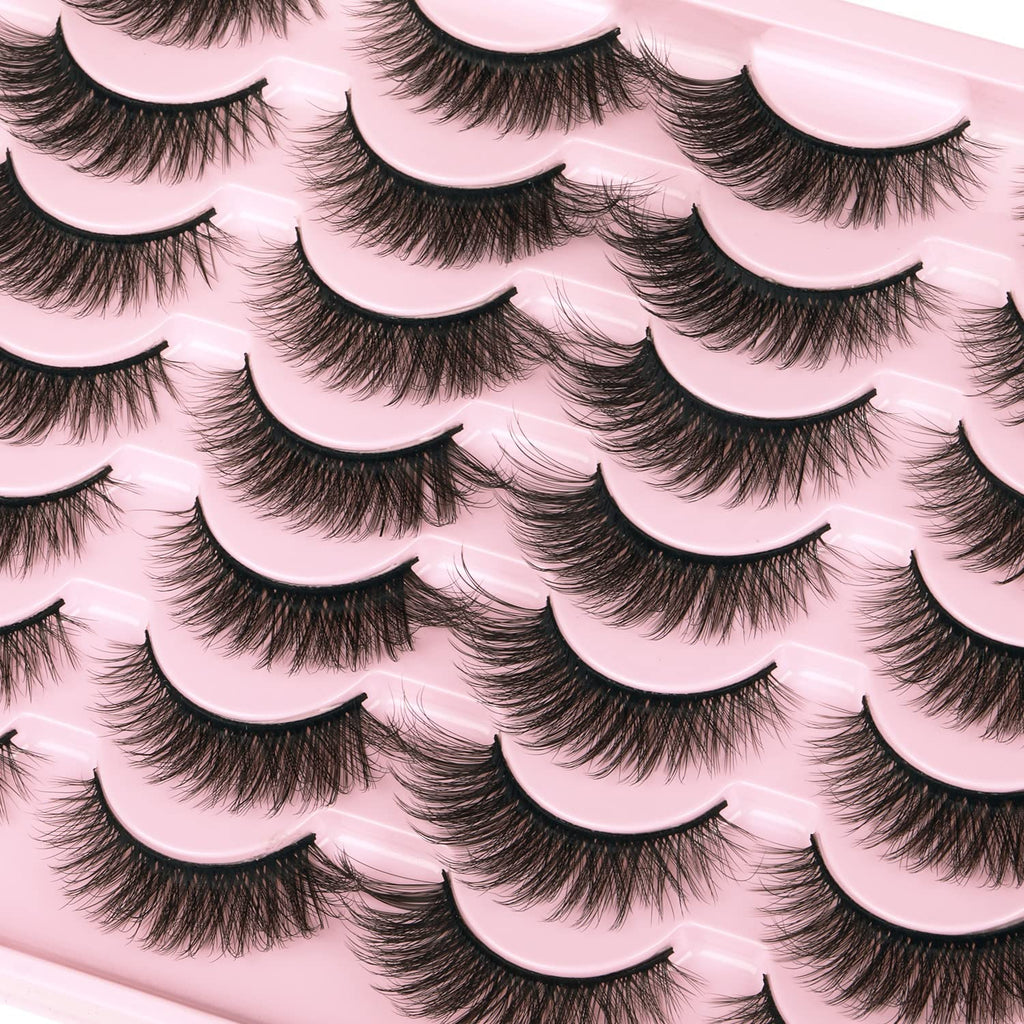 False Lashes Natural Look Wispy Eyelashes Manga Korean Spiky 16mm Short Faux Mink Eyelashes Cat Eye Natural Fake Eyelashes Strip Lashes Pack 14 Pairs
