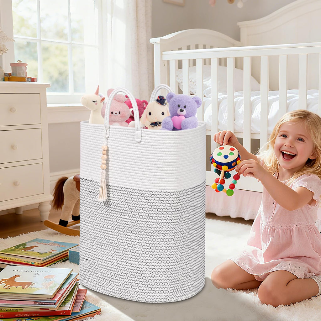 Woven Laundry Basket for Clothes, 50L Large Rectangle Laundry Hampers with Beads Tassel, Nursery Storage Basket for Toys, Tall Dirty Clothes Hamper for Bedroom Aesthetic, Laundry Room Organization