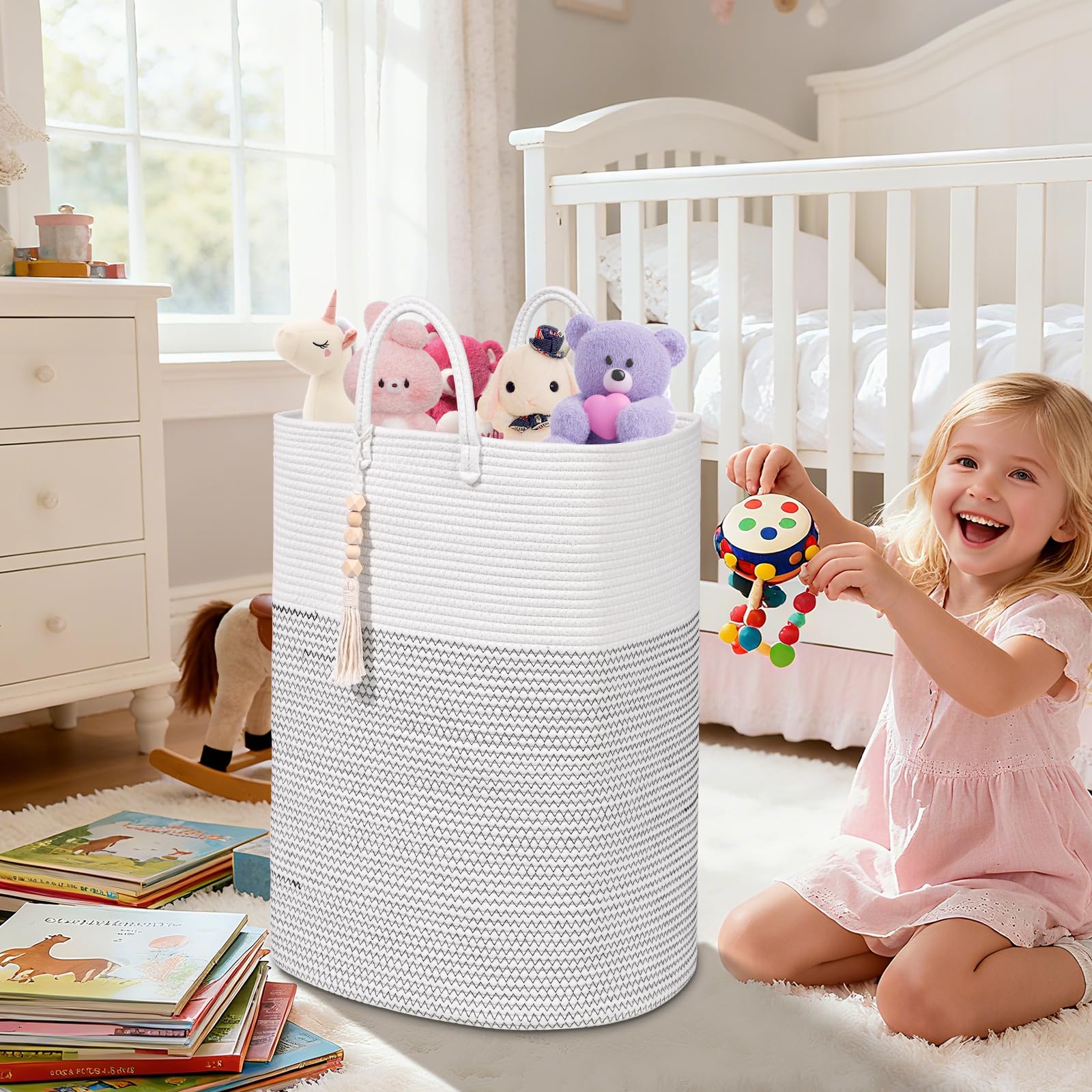 Woven Laundry Basket for Clothes, 50L Large Rectangle Laundry Hampers with Beads Tassel, Nursery Storage Basket for Toys, Tall Dirty Clothes Hamper for Bedroom Aesthetic, Laundry Room Organization