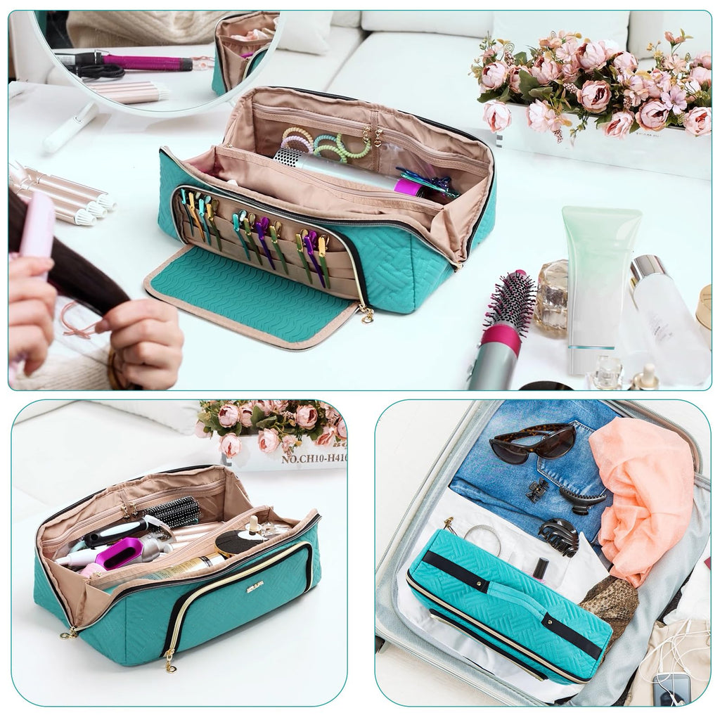 Large Hair Tools Travel Bag with Iron Mat - 2in1 Hair Tools Organizer for Hair Dryer Brush, Flat Irons, Straighteners, Curling Irons, Hair Bag, Makeup Bag, Cosmetic Bag for Travel Essentials