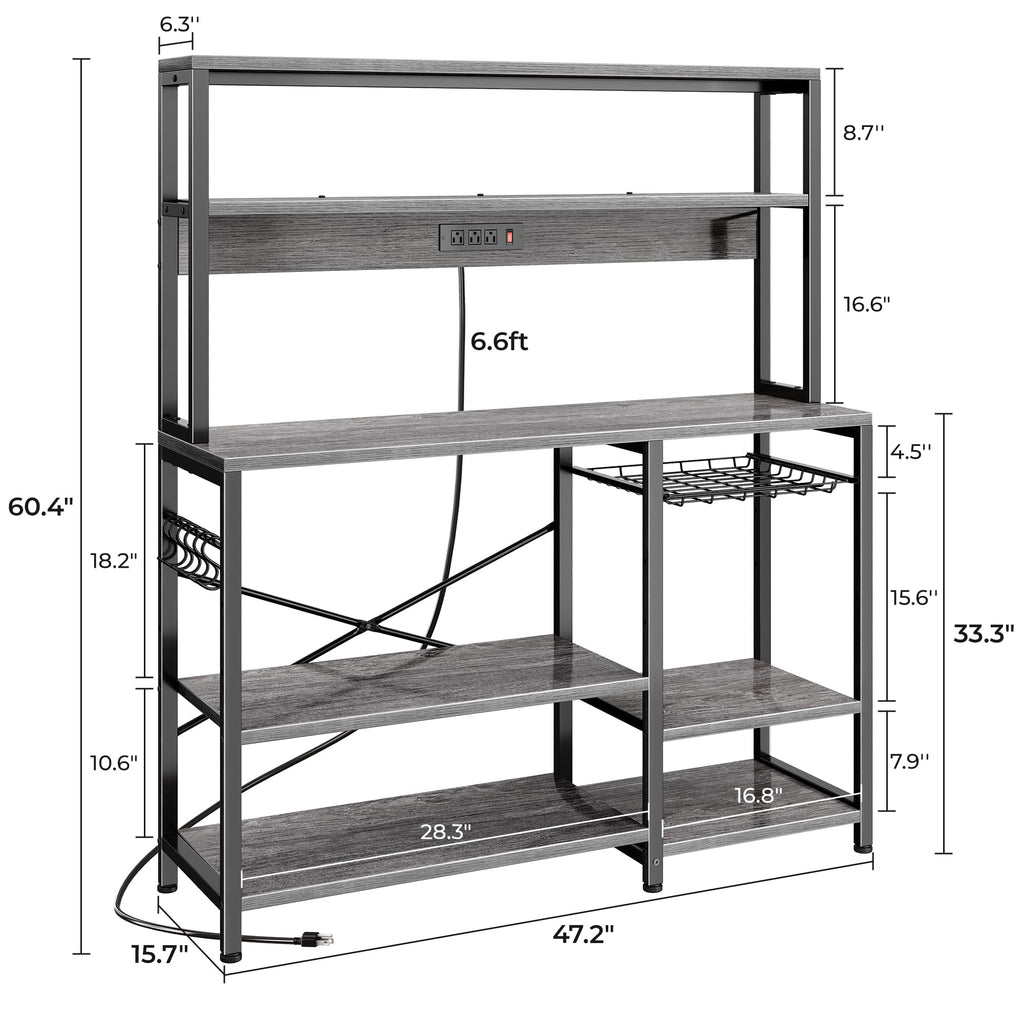 SUPERJARE Bakers Rack with Power Outlet, 35.4 Inches Coffee Bar with Wire Basket, Kitchen Microwave Stand with 6 S-Shaped Hooks, Open Storage Shelves, Black