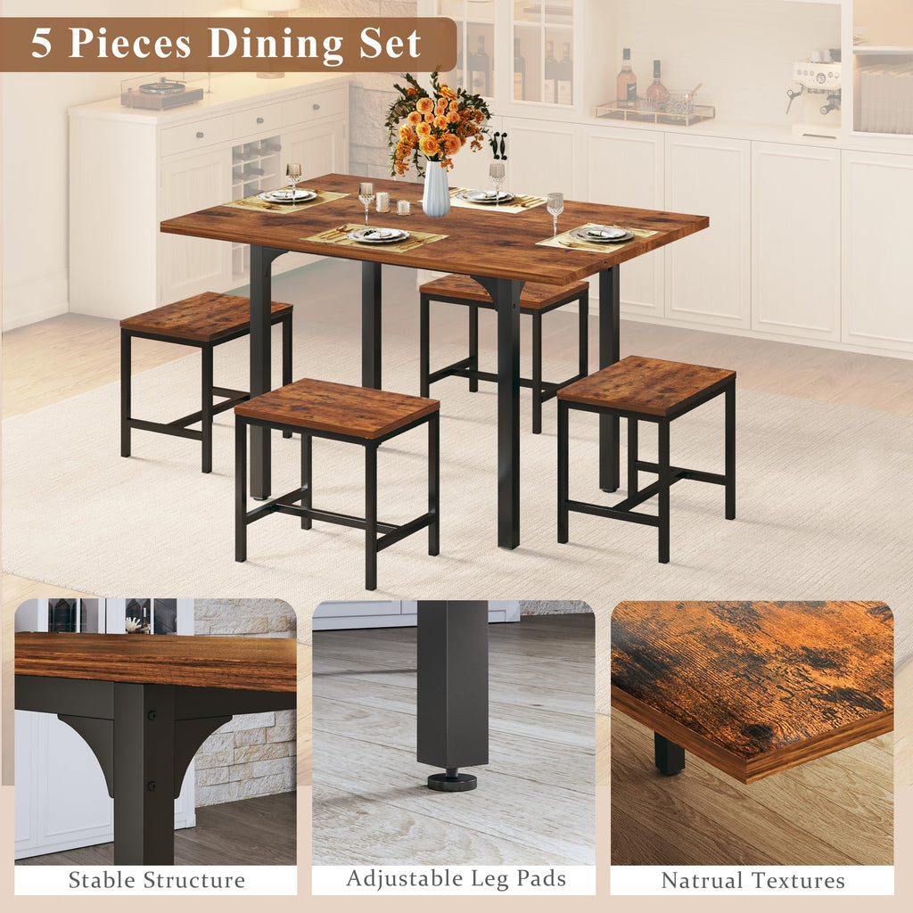HUAHUU Dining Table Set for 4, Extendable Kitchen Table Cushion Chairs Set of 4, Rectangle Dining Table with Metal Frame & MDF Board, Folding for Small Apartment Saving Space, Black