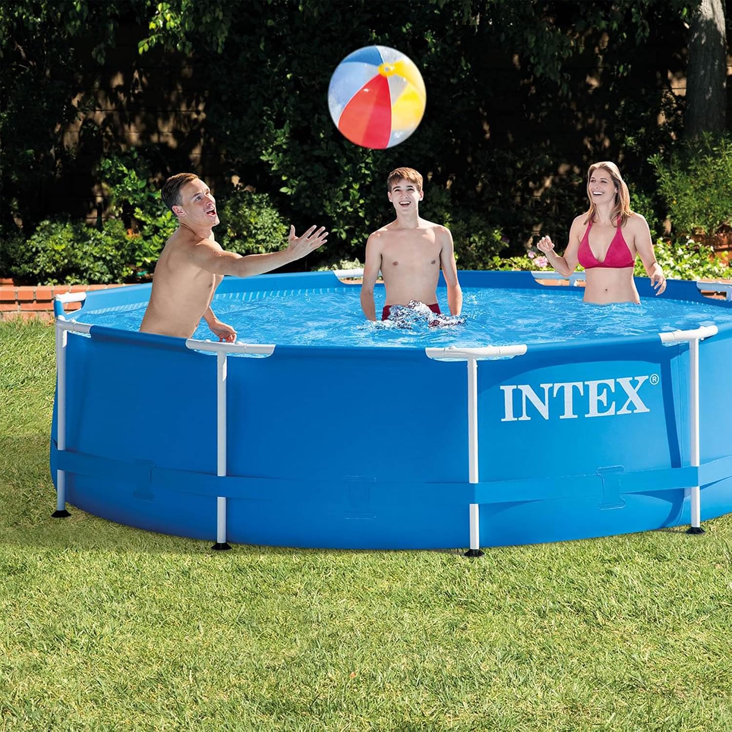 INTEX Metal Frame 10ft x 30in Round Above Ground Outdoor Swimming Pool Set with 330 GPH Filter Pump, Cartridge, and Protective Round Pool Cover