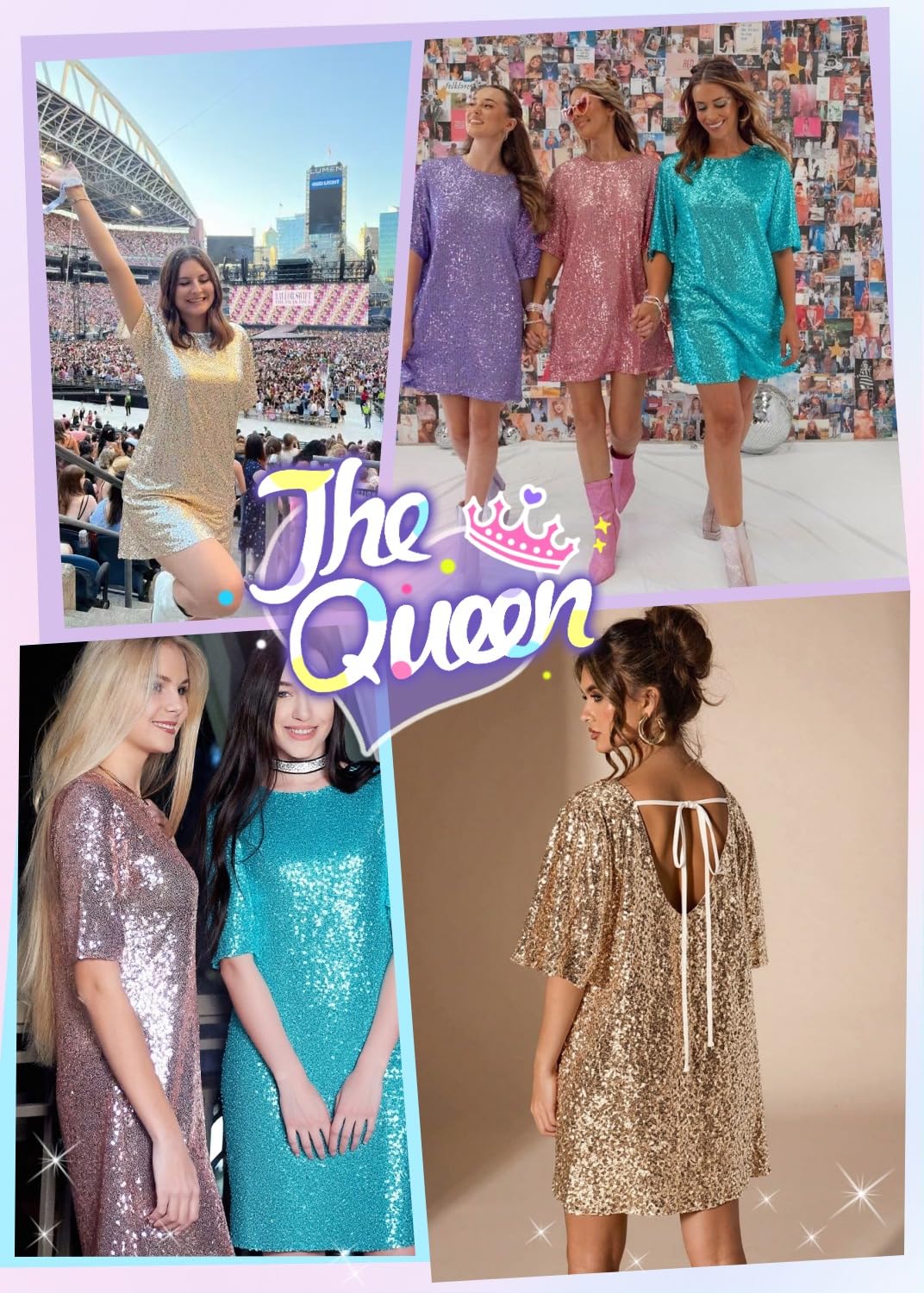 Women's Crew Neck Sequin Dress for Women Sexy V Neck Shirt Dress Sparkly Half Sleeve Loose Party Club Cocktail Dress
