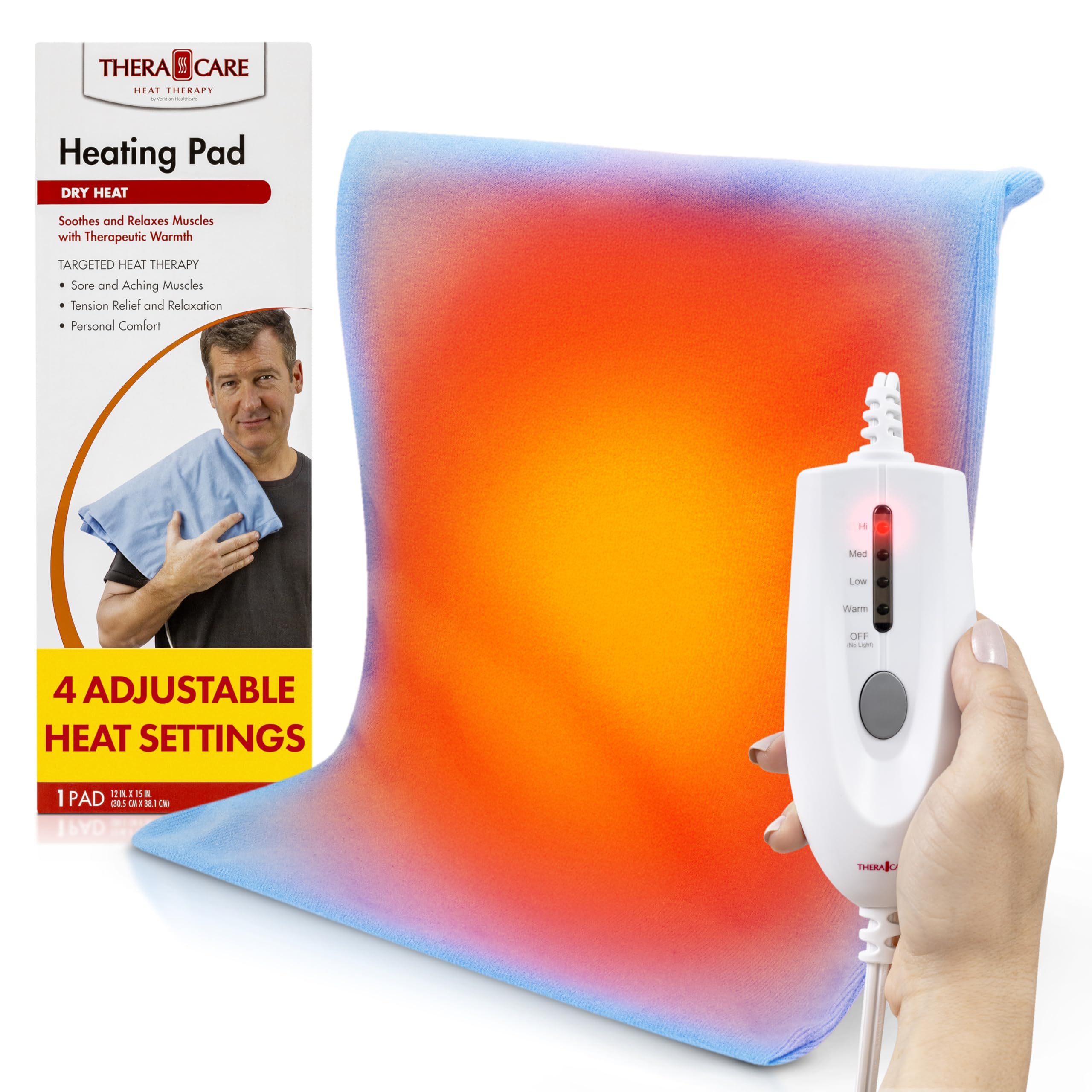 TheraCare Electric Heating Pad | Dry Heat Therapy | 4 Adjustable Heat Settings | 12" x 15" | Comfortable, Soft & Durable