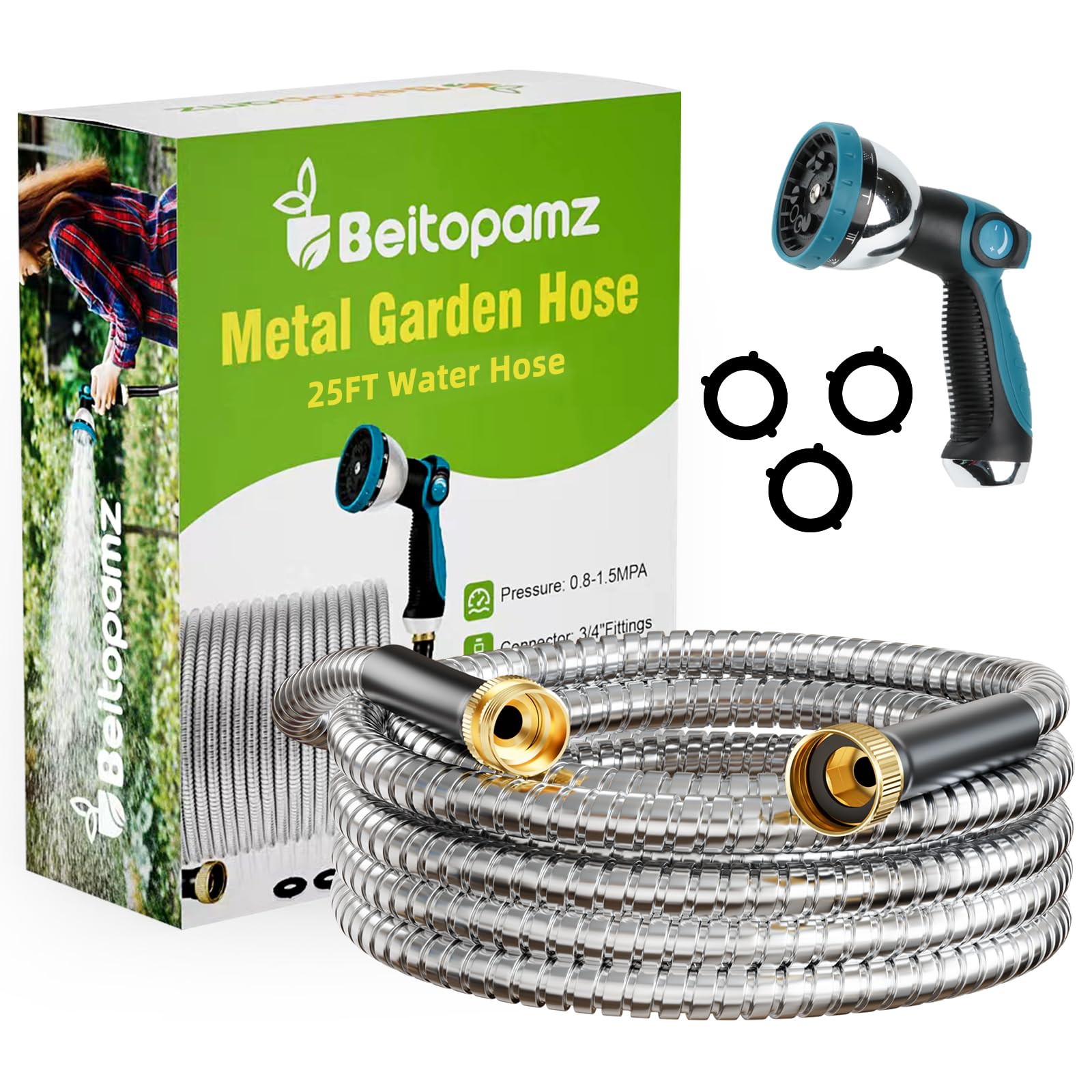 Beitopamz Garden Hose 25 ft, Stainless Steel Metal Water Hose with Nozzle, Flexible and Durable, Rust Proof, No-Kink, Heavy Duty, Leakproof 3/4'' Brass Fittings, Lightweight Hose for Patio, Lawn