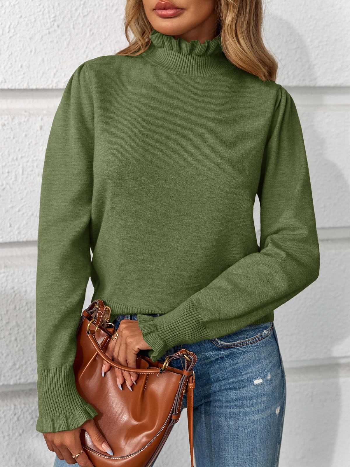 Saodimallsu Womens Ruffle Mock Neck Sweater Puff Long Sleeve Fall Soft Knit Casual Pullover Sweaters Top
