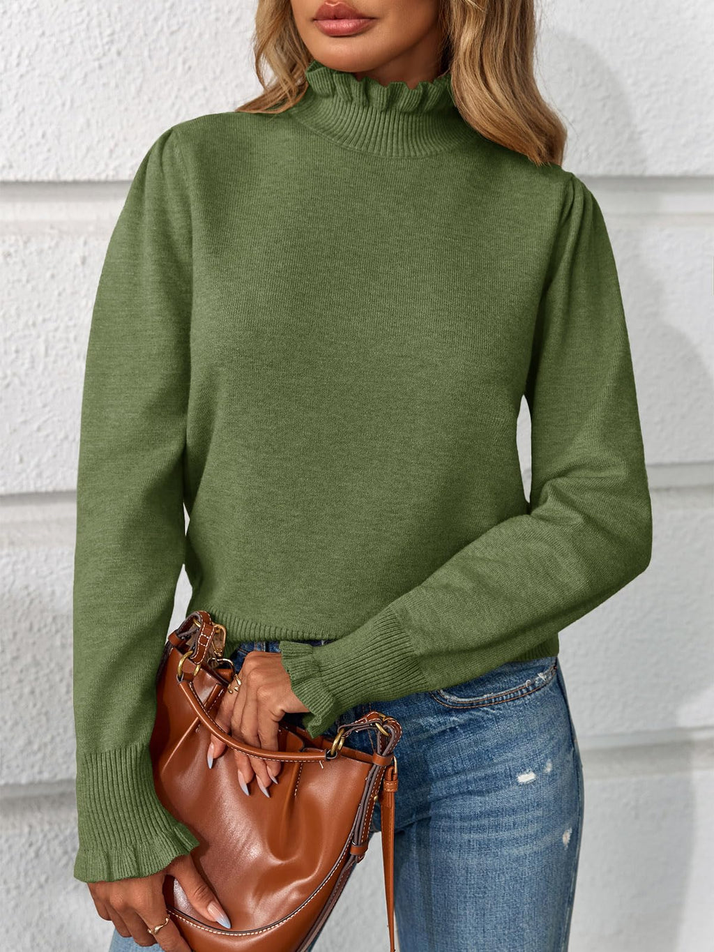 Saodimallsu Womens Ruffle Mock Neck Sweater Puff Long Sleeve Fall Soft Knit Casual Pullover Sweaters Top