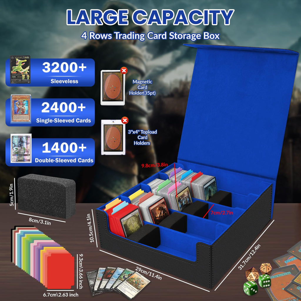 AOBOPLE Trading Card Storage Box,3200+ Card Box Storage with 24 Dividers and 4 Foam Supporters PU Leather Magnetic Cards Deck Case for MTG TCG Magic and Sport Cards,Great Gift for Card Collectors