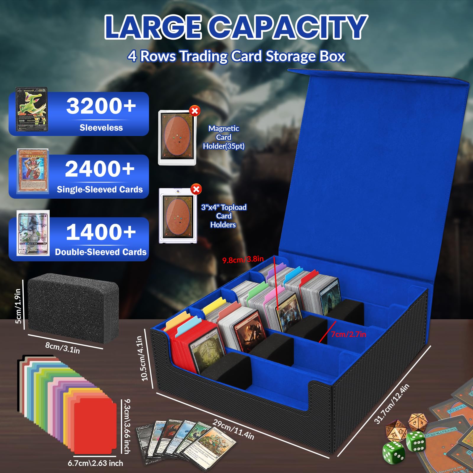 AOBOPLE Trading Card Storage Box,3200+ Card Box Storage with 24 Dividers and 4 Foam Supporters PU Leather Magnetic Cards Deck Case for MTG TCG Magic and Sport Cards,Great Gift for Card Collectors