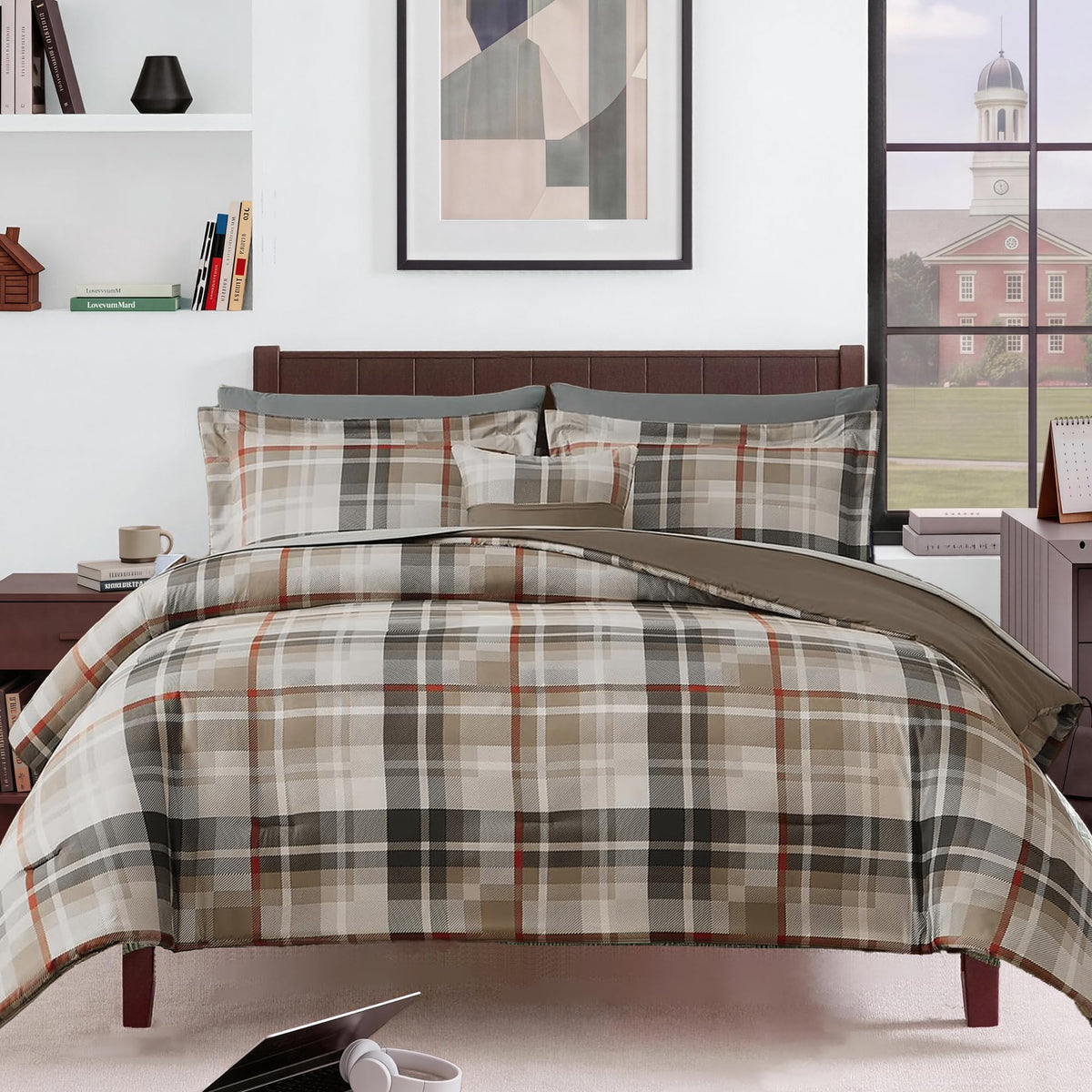 MaiRêve Queen Comforter Set, Classic Plaid Farmhouse Bedding Sets 7 Pieces, Beige All Season Bed in A Bag with Sheets, Pillowcases & Shams
