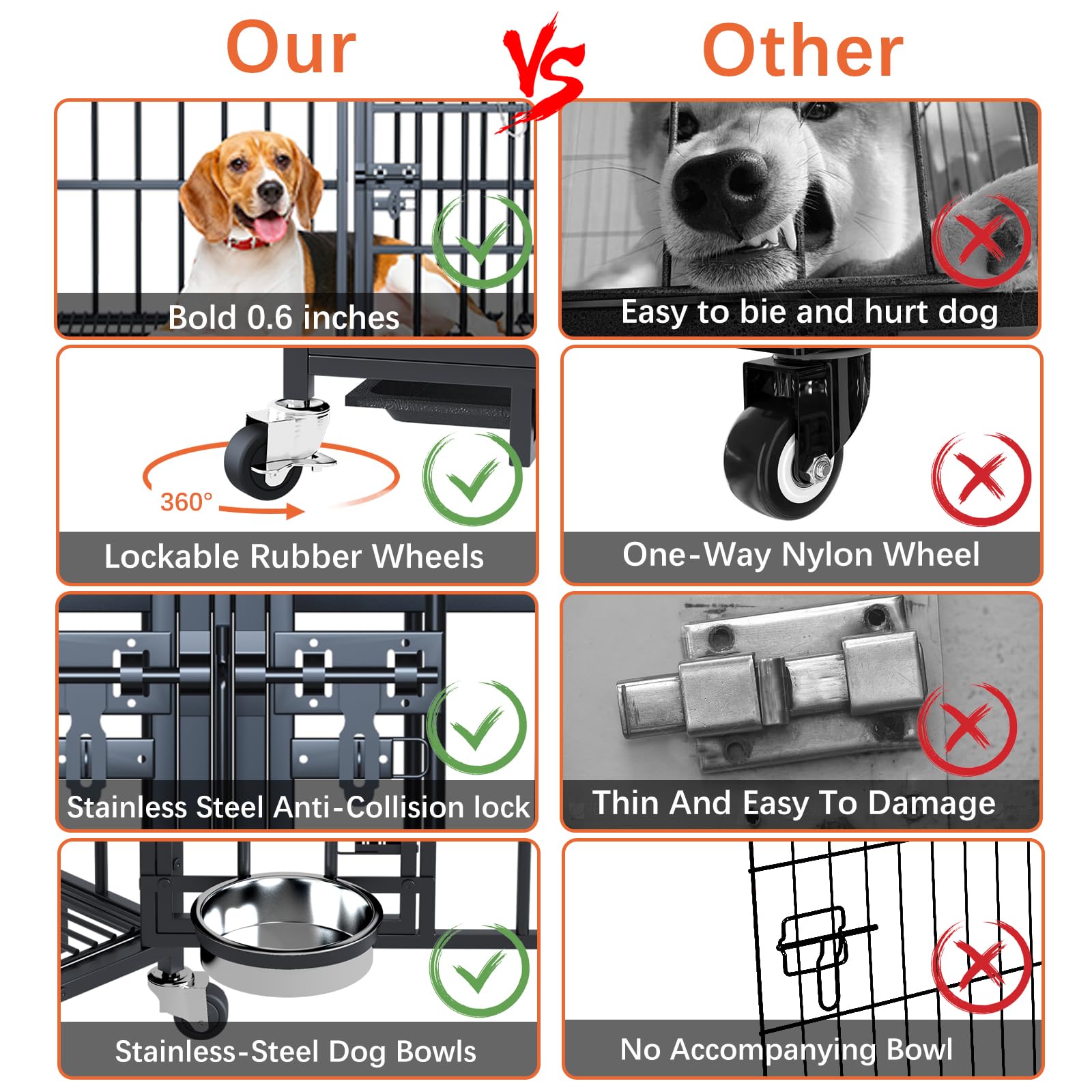 Dosker 42 inch Heavy Duty Metal Dog Crate with Divider for 2 Dogs/Large Dog, All Metal Open Top Escape Proof Cage, Indoor Dog Kennel with Wheels, Floor Grid, Tray, Feeding Bowl