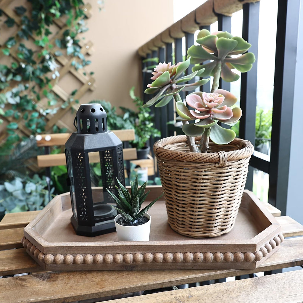 Hrastany Wood Rustic Serving Tray with Beads, Farmhouse Black Decorative Tray for Table Centerpiece, Christmas Wedding Halloween Home Decor