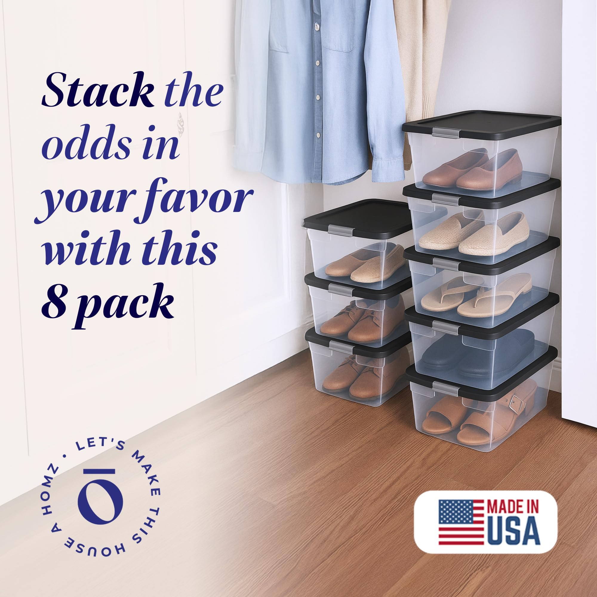 HOMZ 4-Pack Secure Latch, Clear Plastic Storage Organizer Bins, 15 Quart, Gray Lid - Stackable Container Boxes for Bedroom, Bathroom, Garage, and Office Organization