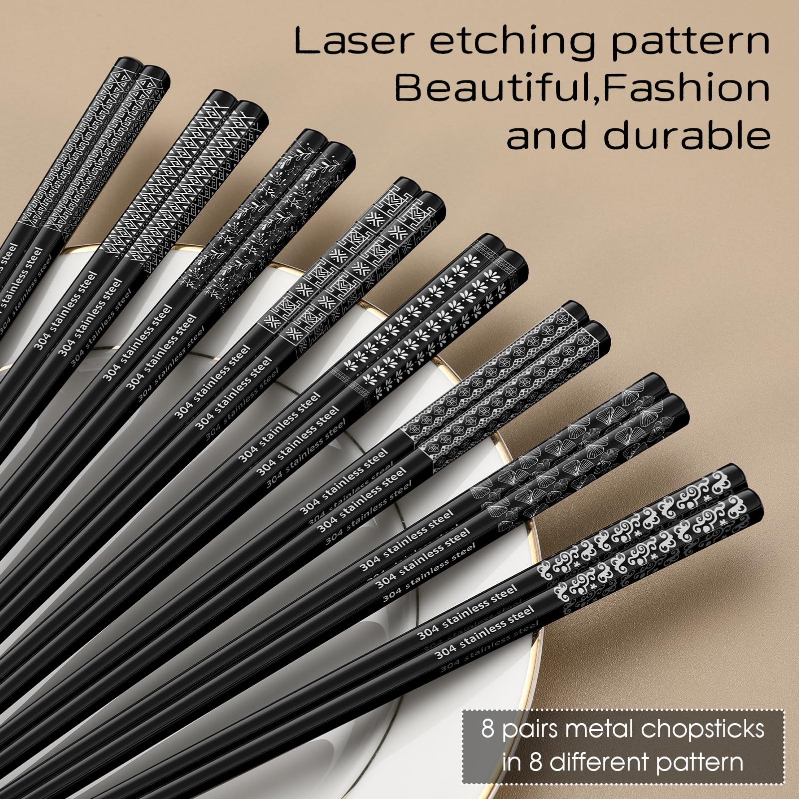 8 Pairs Metal Chopsticks Reusable Black Stainless Steel Chopsticks Set Laser Engraved Non-slip Japanese Korean Chinese Chopstick for Cooking Eating Dishwasher Safe 9.25" Chop Sticks Gift Set