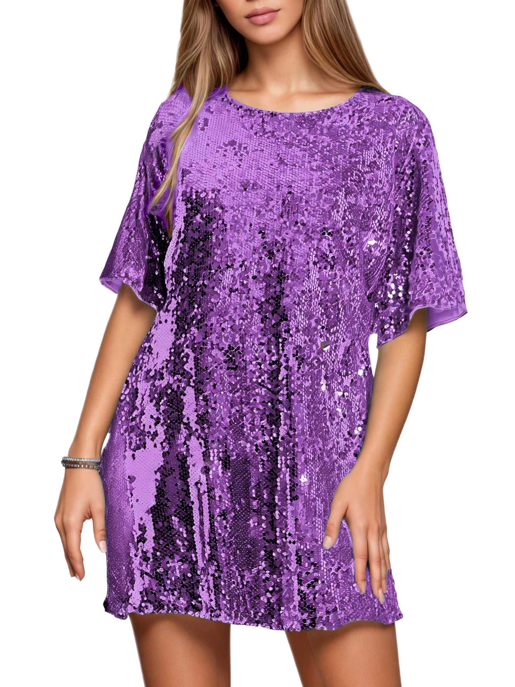 Women's Crew Neck Sequin Dress for Women Sexy V Neck Shirt Dress Sparkly Half Sleeve Loose Party Club Cocktail Dress