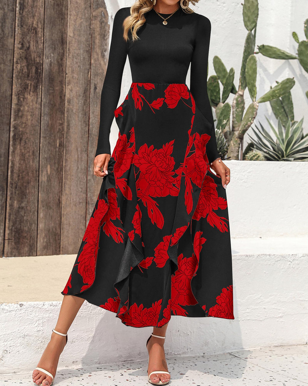 BTFBM Womens Floral Maxi Dress Fall 2025 Casual Crewneck Long Sleeve Ruffle Flowy Cocktail Wedding Guest Dresses