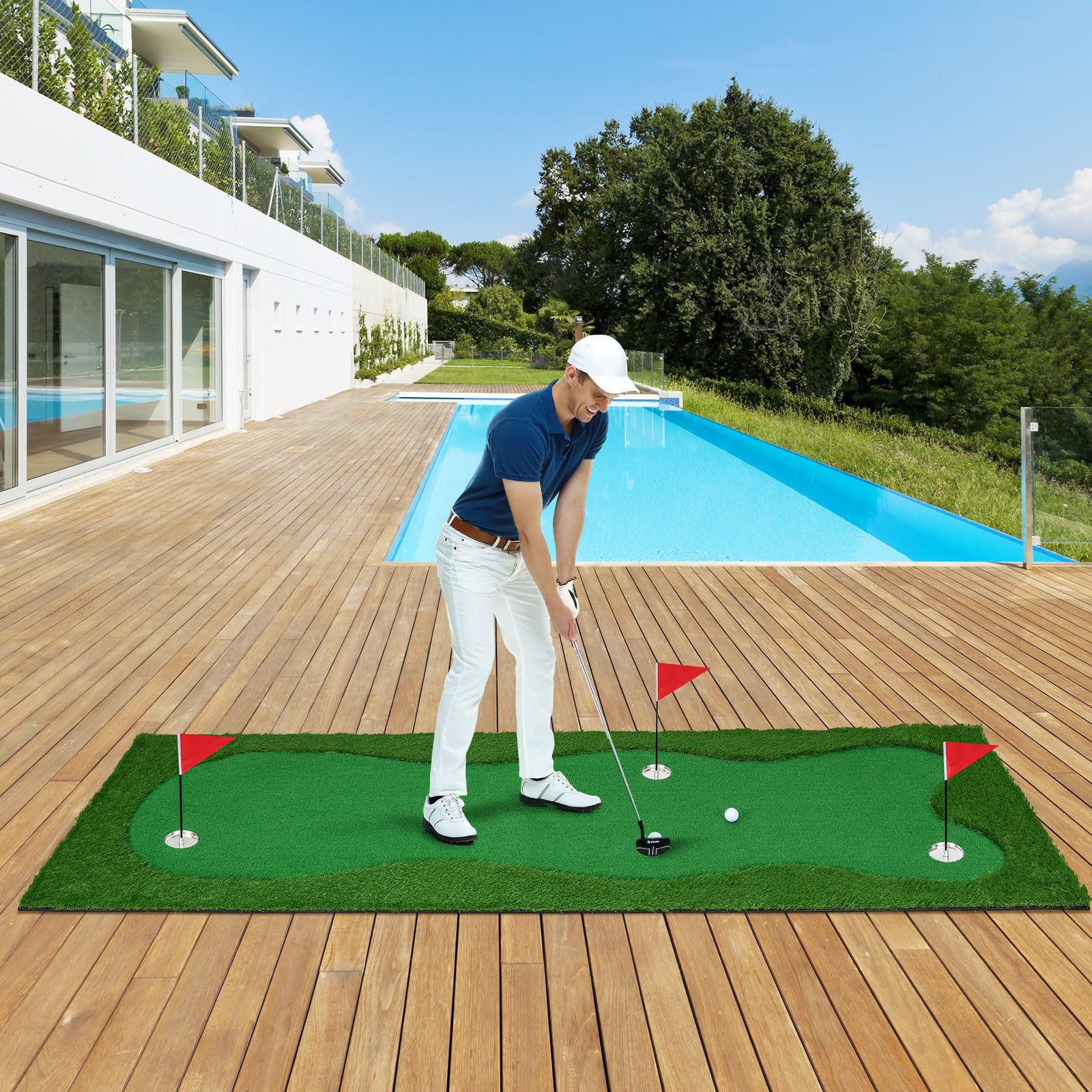 Tangkula 10 FT Golf Putting Green, Large Professional Golf Training Mat with Realistic Artificial Grass Turf, 3 Holes, 3 Flags and Cups for Indoor Outdoor Putting Practice