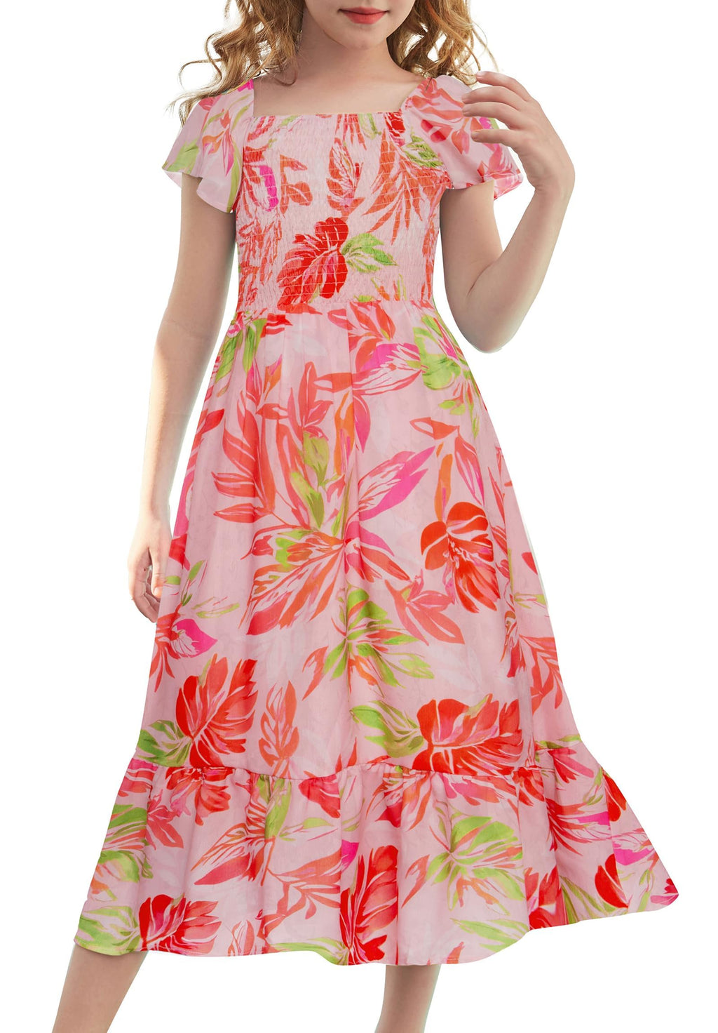 GRACE KARIN Girls Flutter Sleeve Floral Dresses Girl Long Midi Spring Dress Kids Smocked Flare Summer Dress 6-16Y