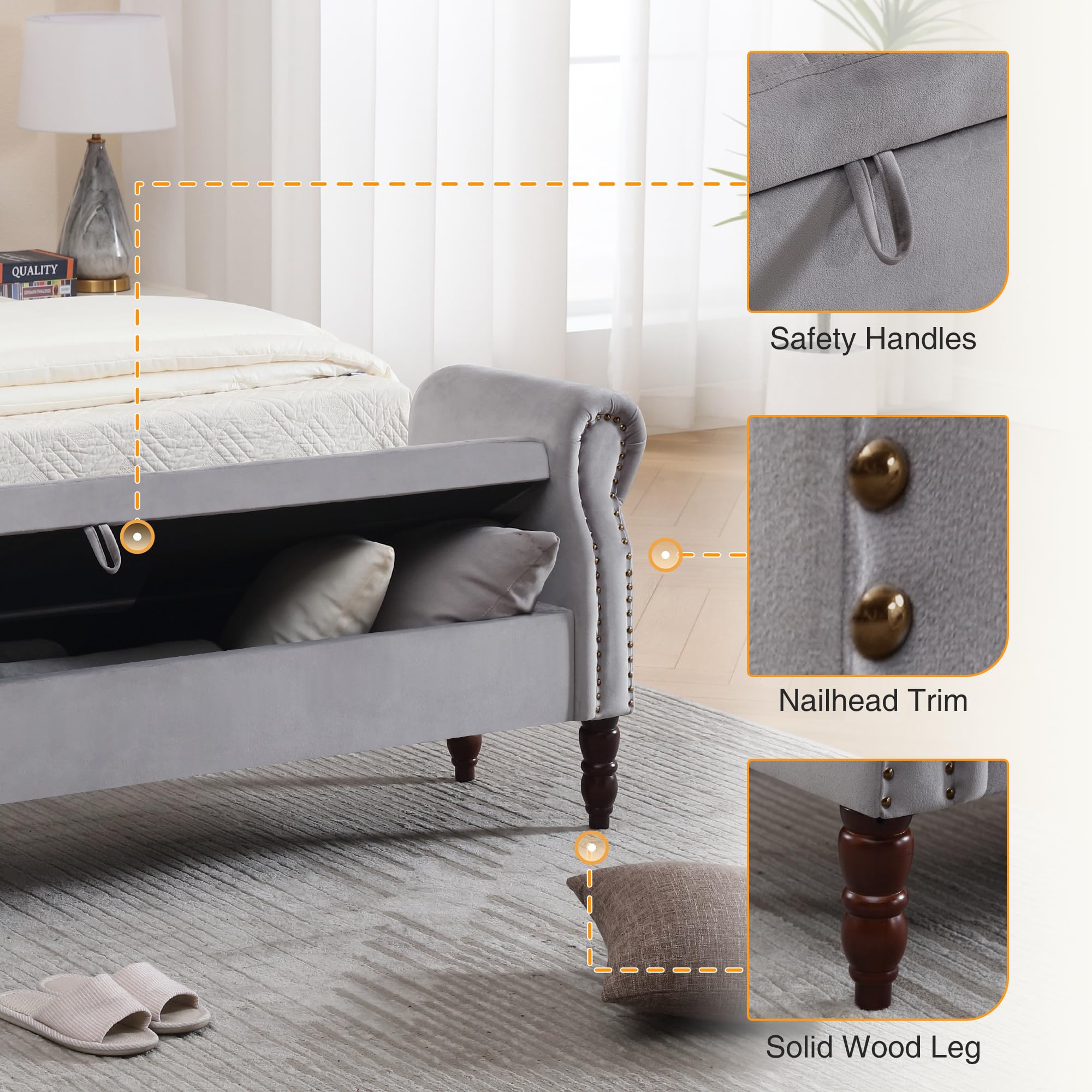 Storage Bench for Bedroom, 67" End of Bed Bench King Size, Velvet Bedroom Bench with Storage, Upholstered Tufted Storage Ottoman Benches with Arms for Bedroom, Entryway, Living Room, Beige
