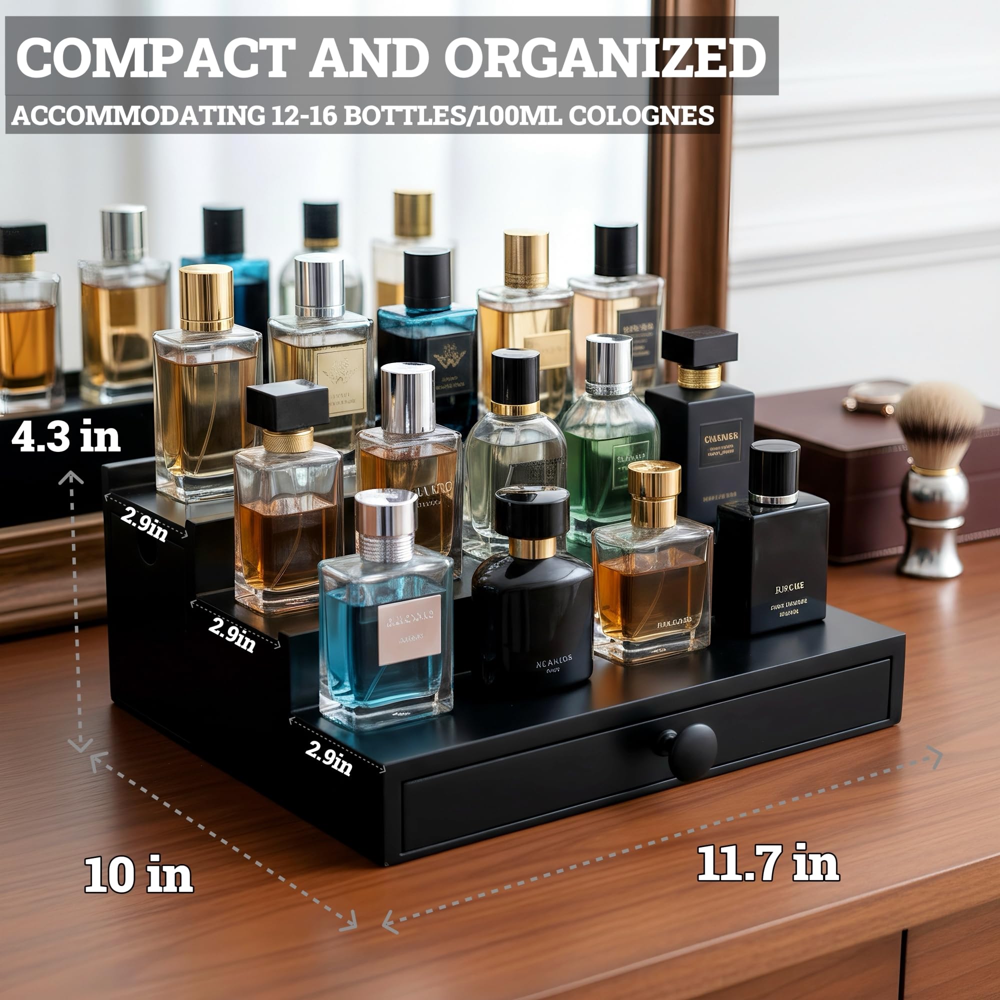 Wooden Cologne Organizer for Men 3 Tier | Black Perfume Holder Shelf for Dresser | High Grade Velvet Lining and Stylish Gift Box | Uncluttered Design Perfume Display Stand