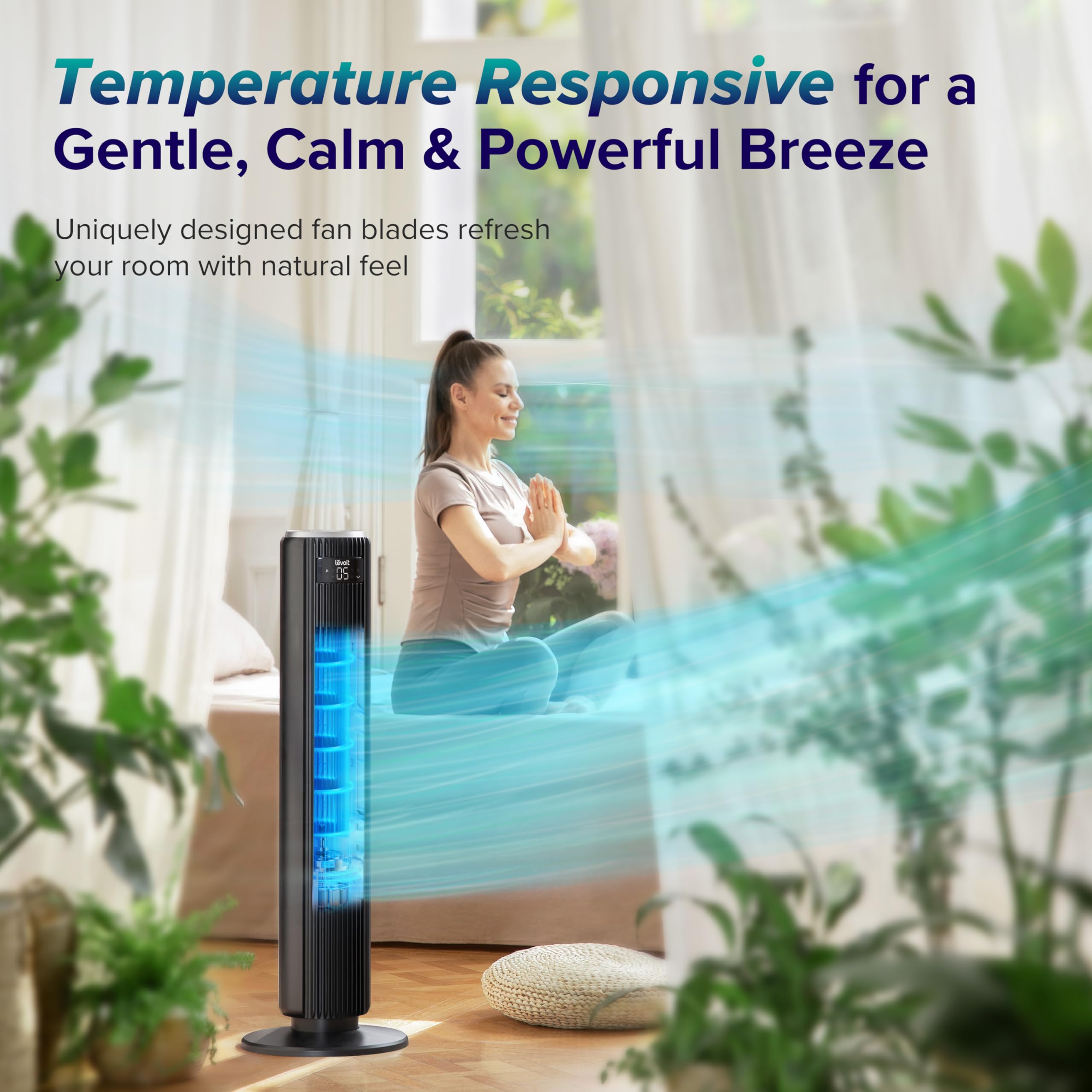 LEVOIT Tower Fan for Bedroom, 90° Oscillating Standing Fan with 28dB Quiet for Sleep, 25ft/s Velocity, 12H Timer, 5 Speeds 4 Modes, Remoter, Bladeless Room Fan for Home, Office, Indoor, 36 inch, White