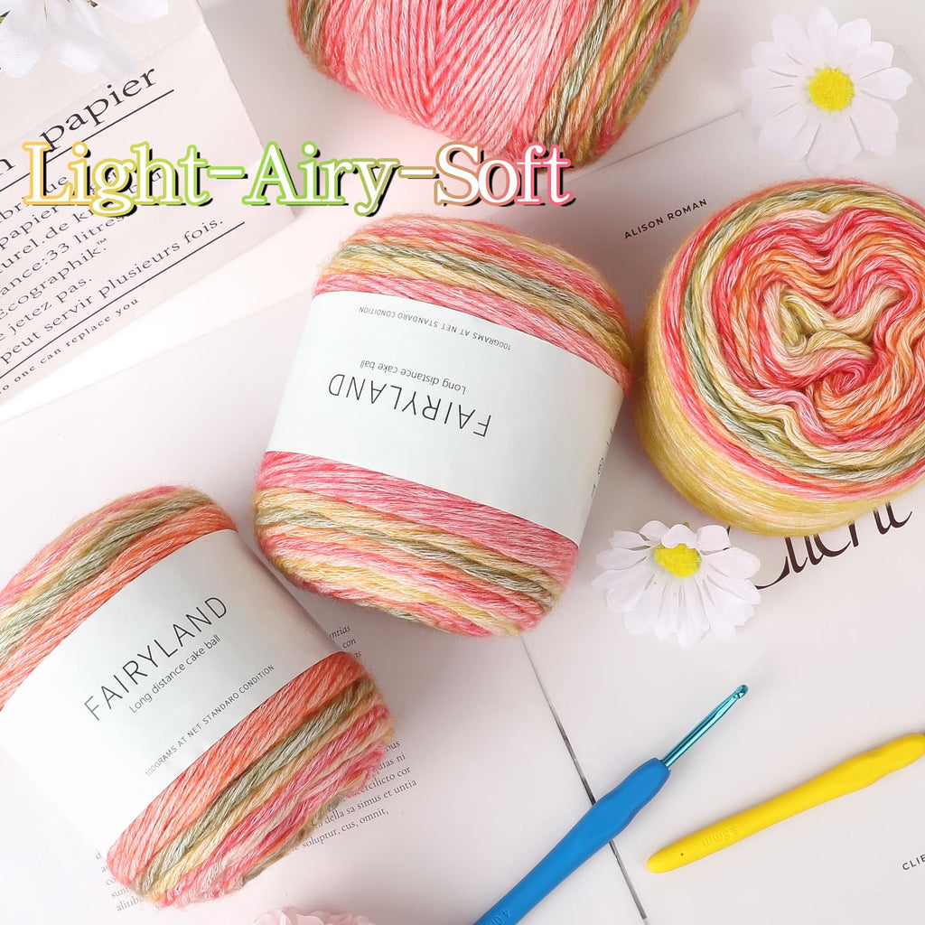 Katech Fairyland Yarn for Crocheting Knitting-Gradient Yarn Cake-4 Pack of 100g/3.52 oz-Soft DK Light Weight #3-60% Cotton 30% Acrylic 10% Wool-Perfect for Scarves, Shawls, Blankets and Garments(A)