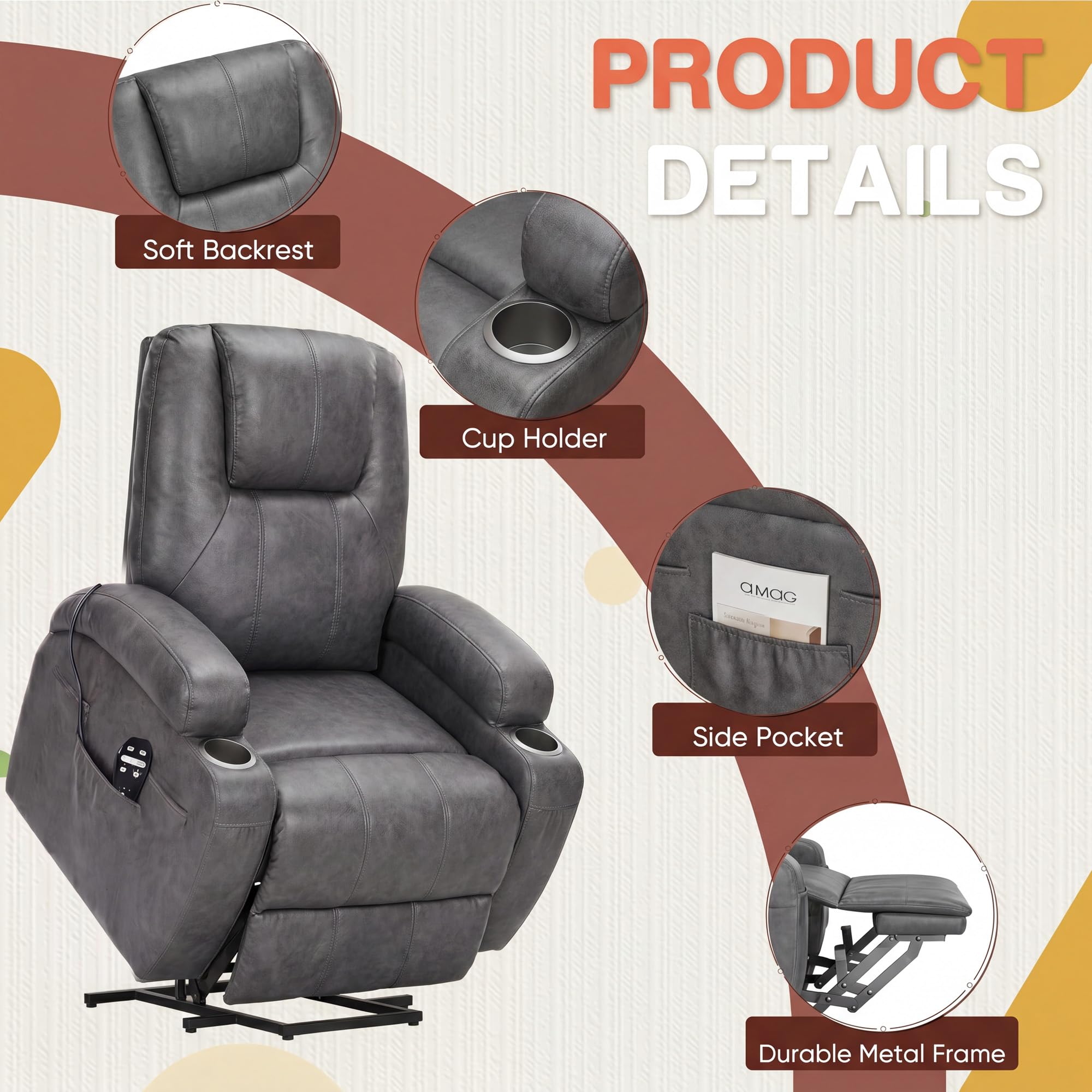 Furmax Electric Power Lift Recliner Chair with Massage for Elderly Corduroy Fabric Recliner Single Sofa with Cup Holders, Side Pockets and Remote Control for Living Room Bedroom (Leathaire, Brown)