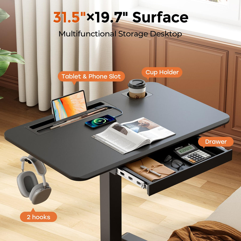 Small Mobile Standing Desk with Drawer, 23.6"x19.7" Rolling Laptop Cart on Wheels, Height Adjustable Sit Stand Computer Workstation with Storage for Compact Space, Black