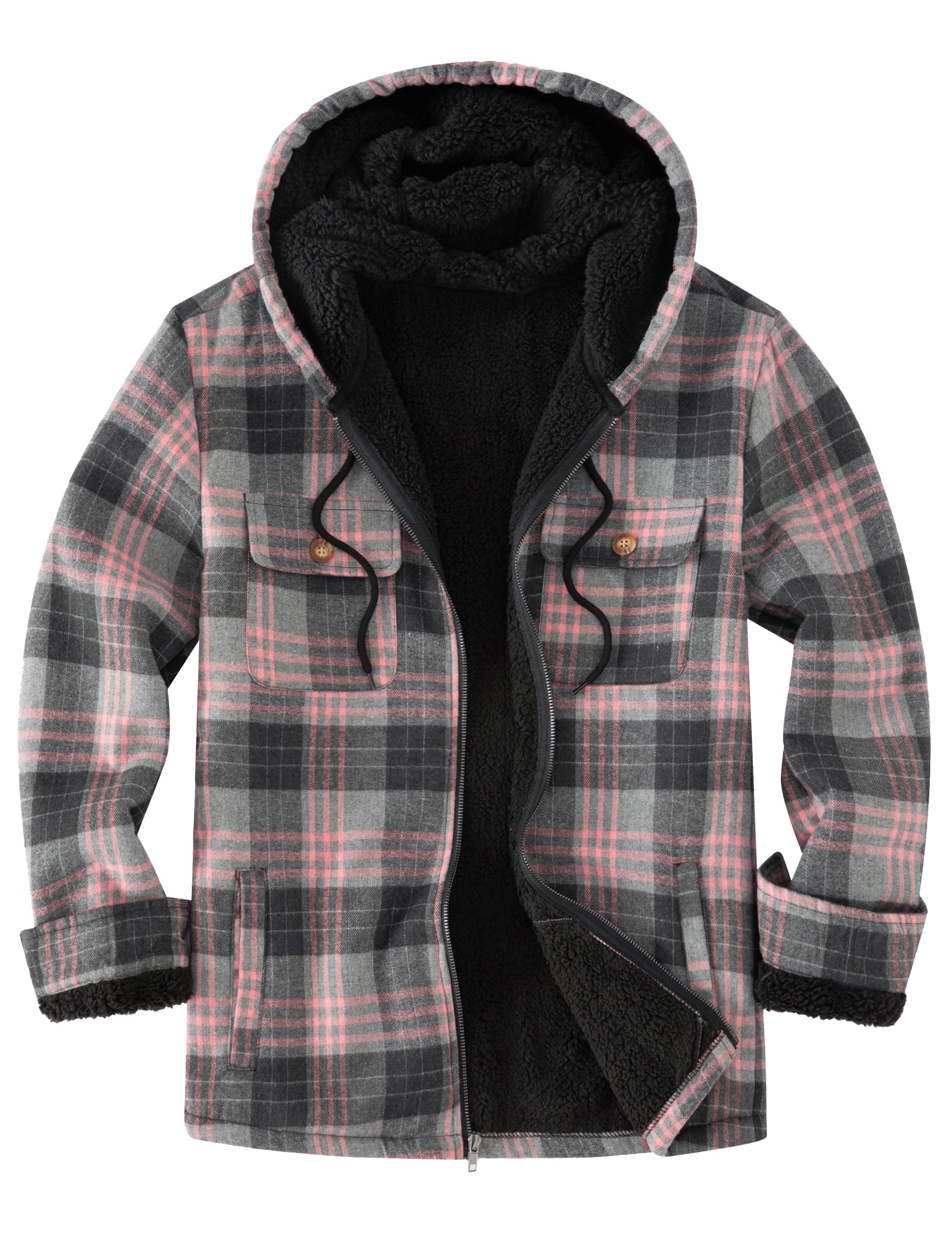 Men's Flannel Plaid Hooded Jackets Full Zip Sherpa Fleece Lined Hoodies Fashion Warm Coat