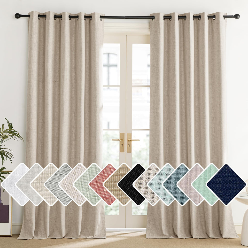 NICETOWN Linen Blackout Curtains for Kitchen, Beige, 2 Panels, 34" Wide x 48" Long, Short Kitchen Burlap Linen 100% Blackout Drape Panels for Night Shift, Great Job for Blocking Light