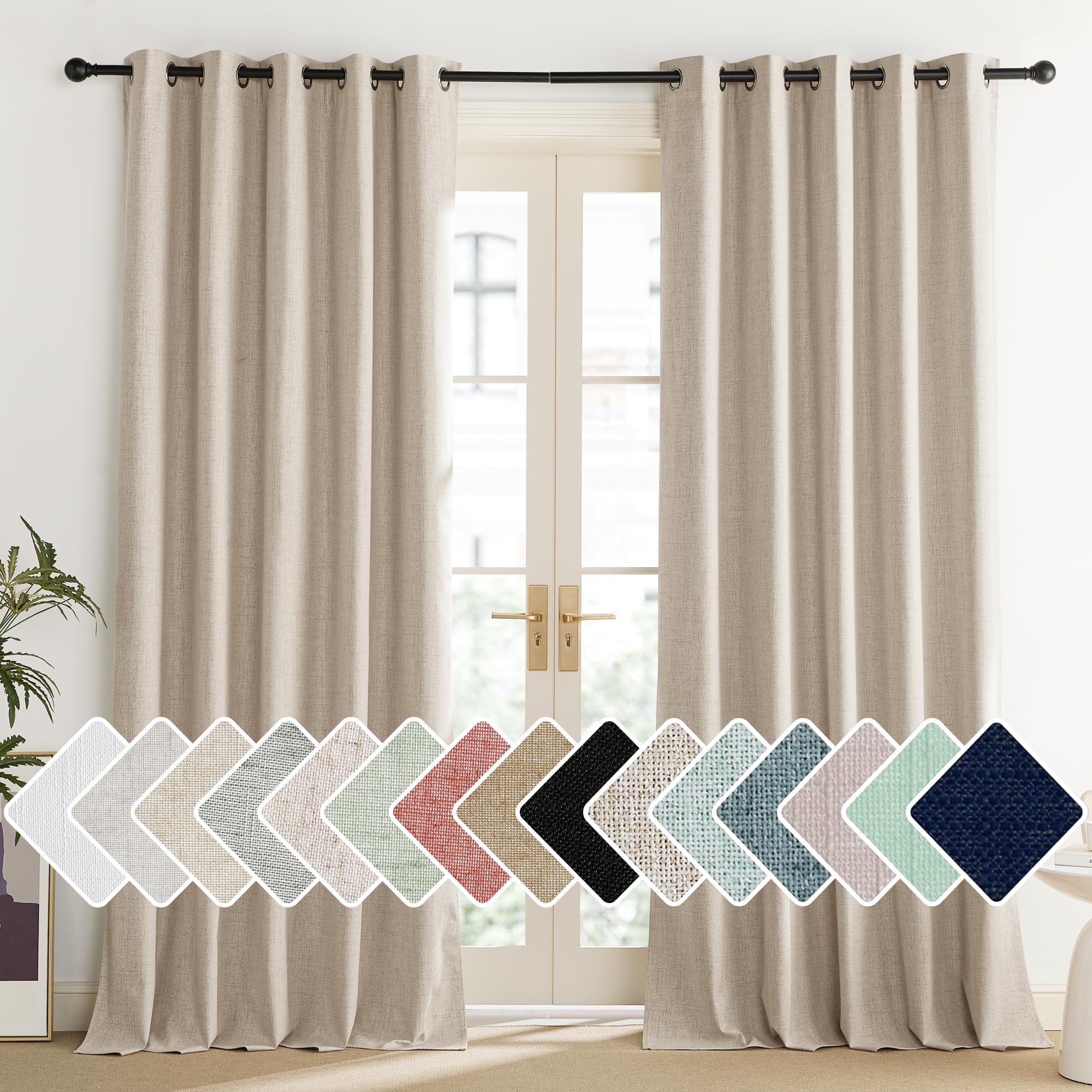 NICETOWN Linen Blackout Curtains for Kitchen, Beige, 2 Panels, 34" Wide x 48" Long, Short Kitchen Burlap Linen 100% Blackout Drape Panels for Night Shift, Great Job for Blocking Light