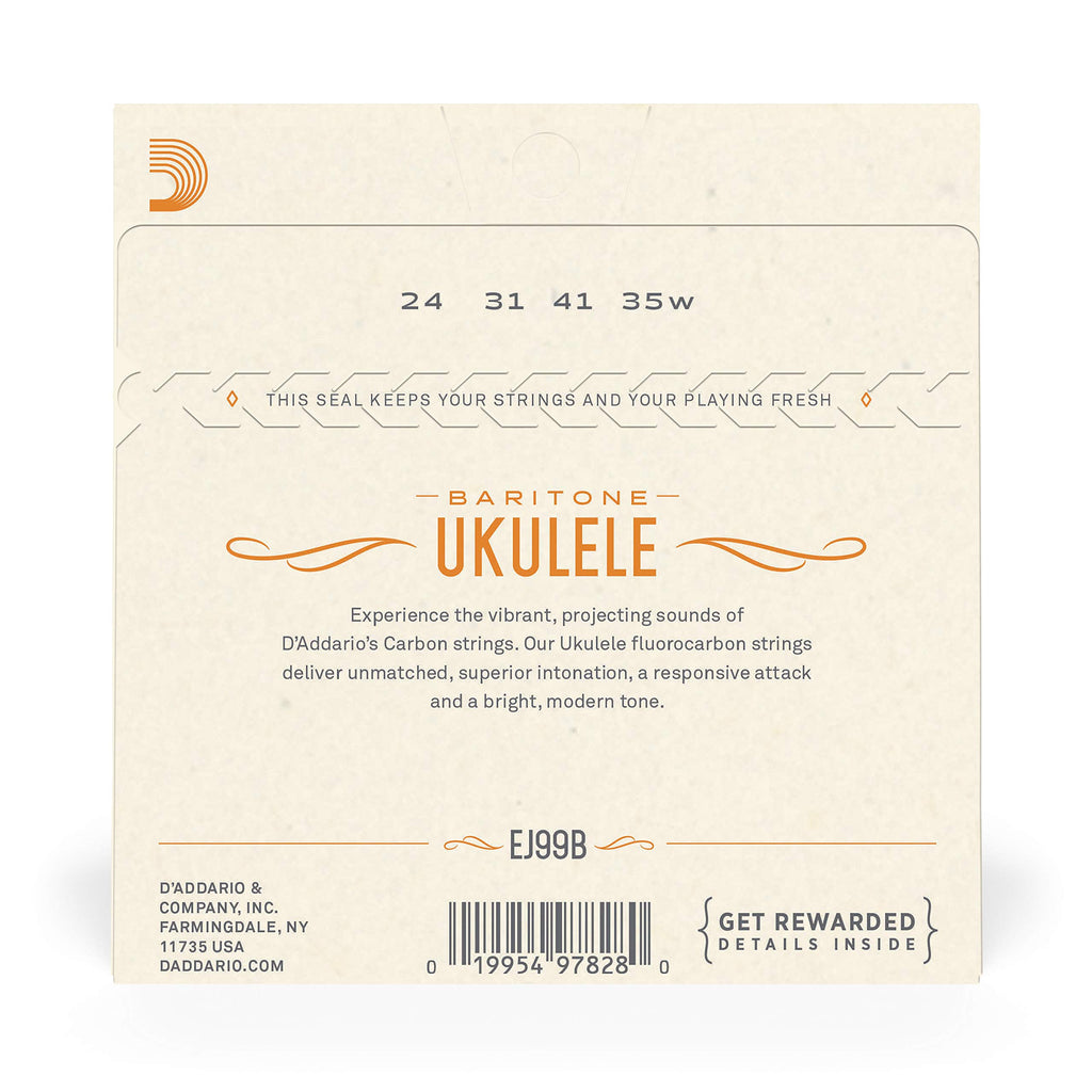 D'Addario Baritone Ukulele Strings, Fluorocarbon, EJ99B, 4-String Set, Pack of 1