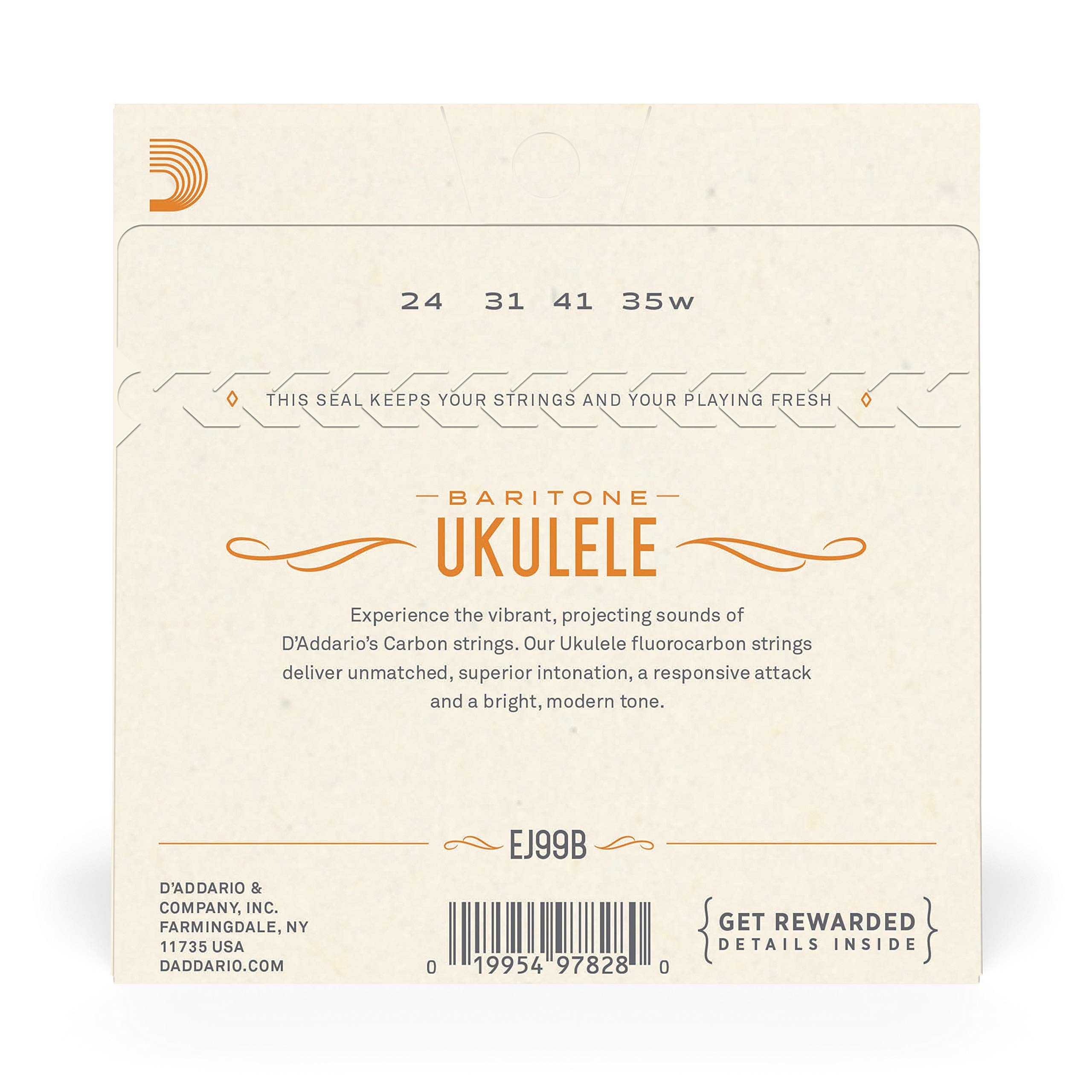 D'Addario Baritone Ukulele Strings, Fluorocarbon, EJ99B, 4-String Set, Pack of 1