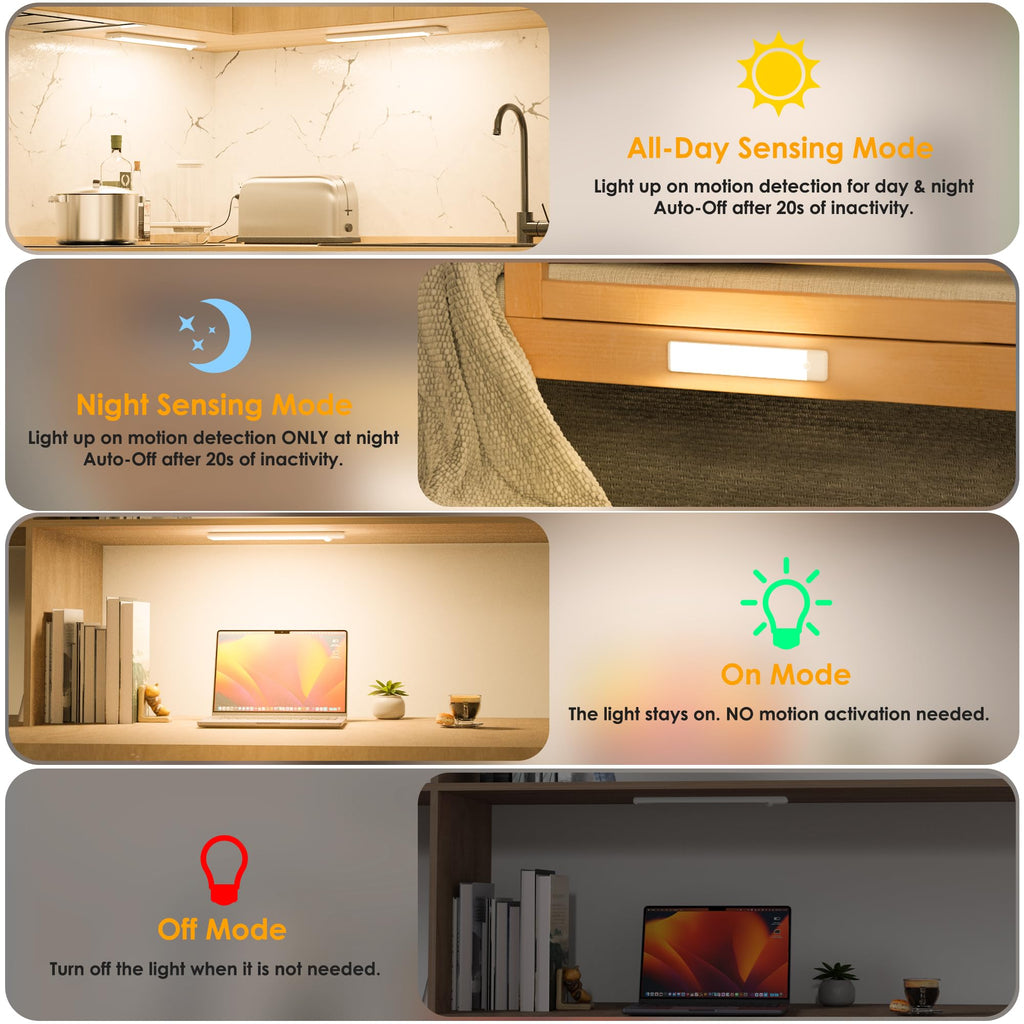 Motion Sensor Under Cabinet Lights, Magnetic Rechargeable Under Counter Closet Light, Wireless Night Light Bar Stick-On, 2-Pack, Warm White