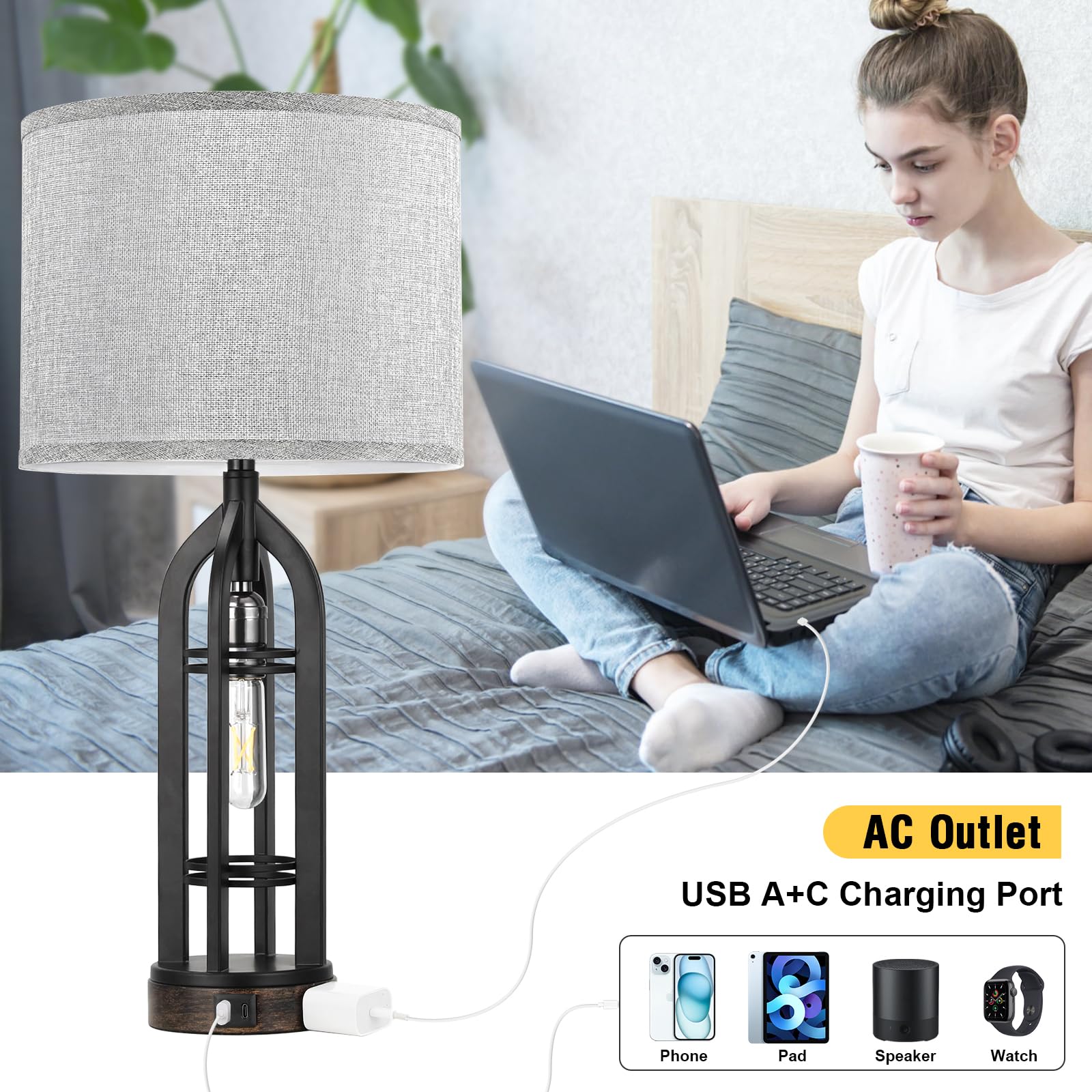 Seealle Table Lamp for Living Room Set of 2 - Wood-Like Bedside Lamp for Bedroom with USB C+A & Outlet, Farmhouse Lamps for Night Stands, 3-Way Dimmable Touch Lamps for Living Room