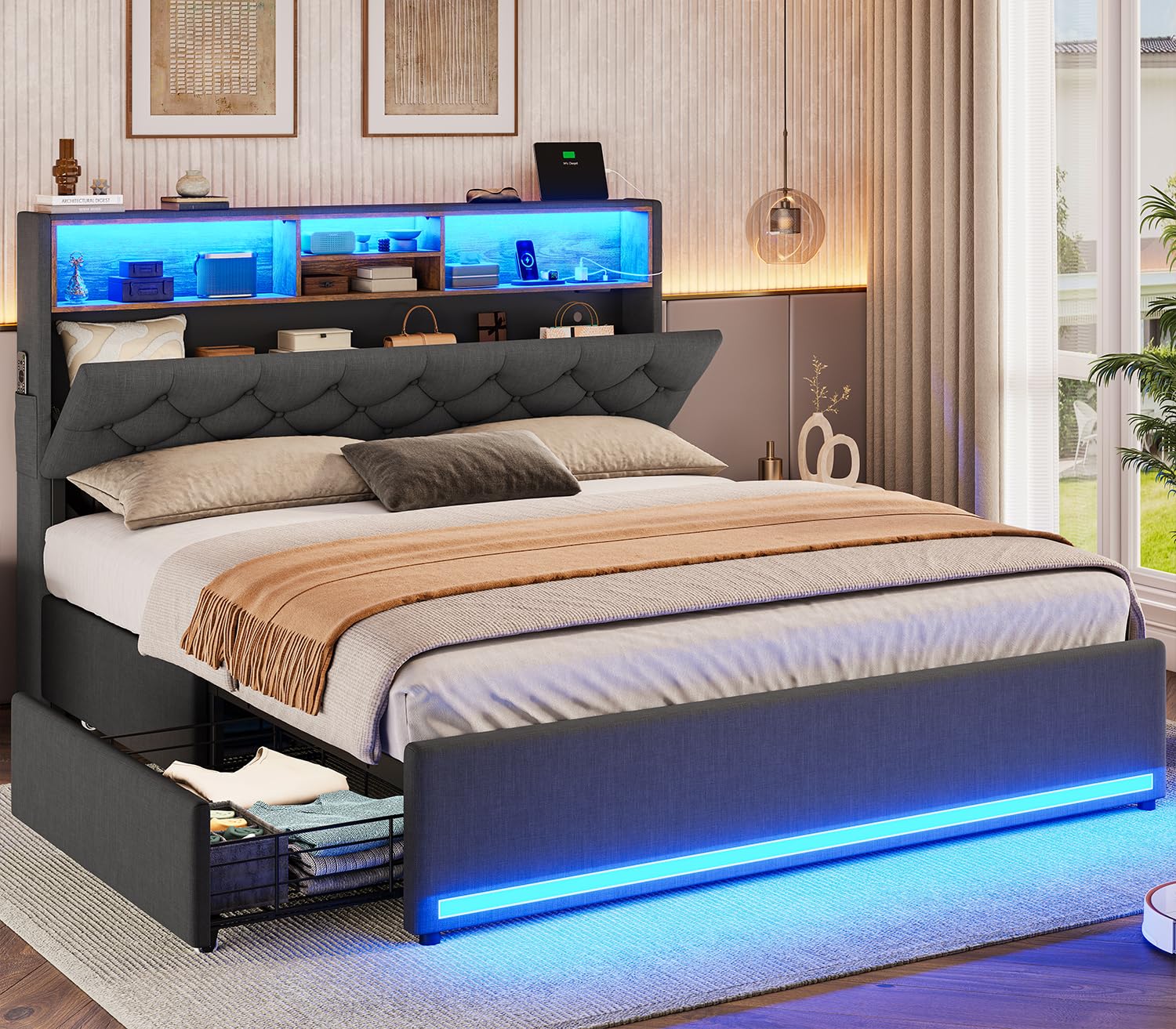 BTHFST Twin Bed Frames with Headboard & 4 Drawers, LED Bed Frame Twin with Charging Station, Upholstered and Metal Twin Bed with Storage, No Box Spring Needed, Black PU