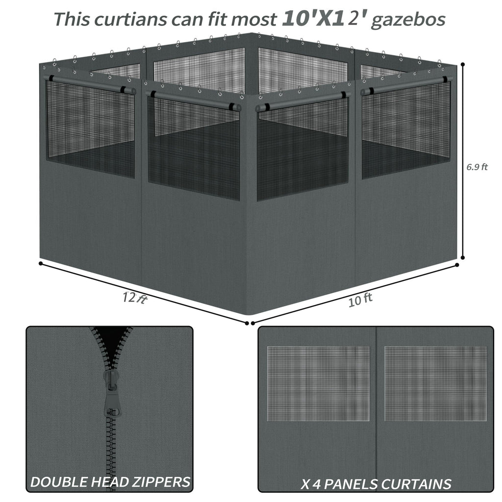 Gazebo Privacy Curtains 10' x 10' with Mosquito Windows, 4-Panels Side Wall with Zipper Universal Replacement for Patio, Outdoor Canopy, Garden and Backyard, Gray (Curtain Only)